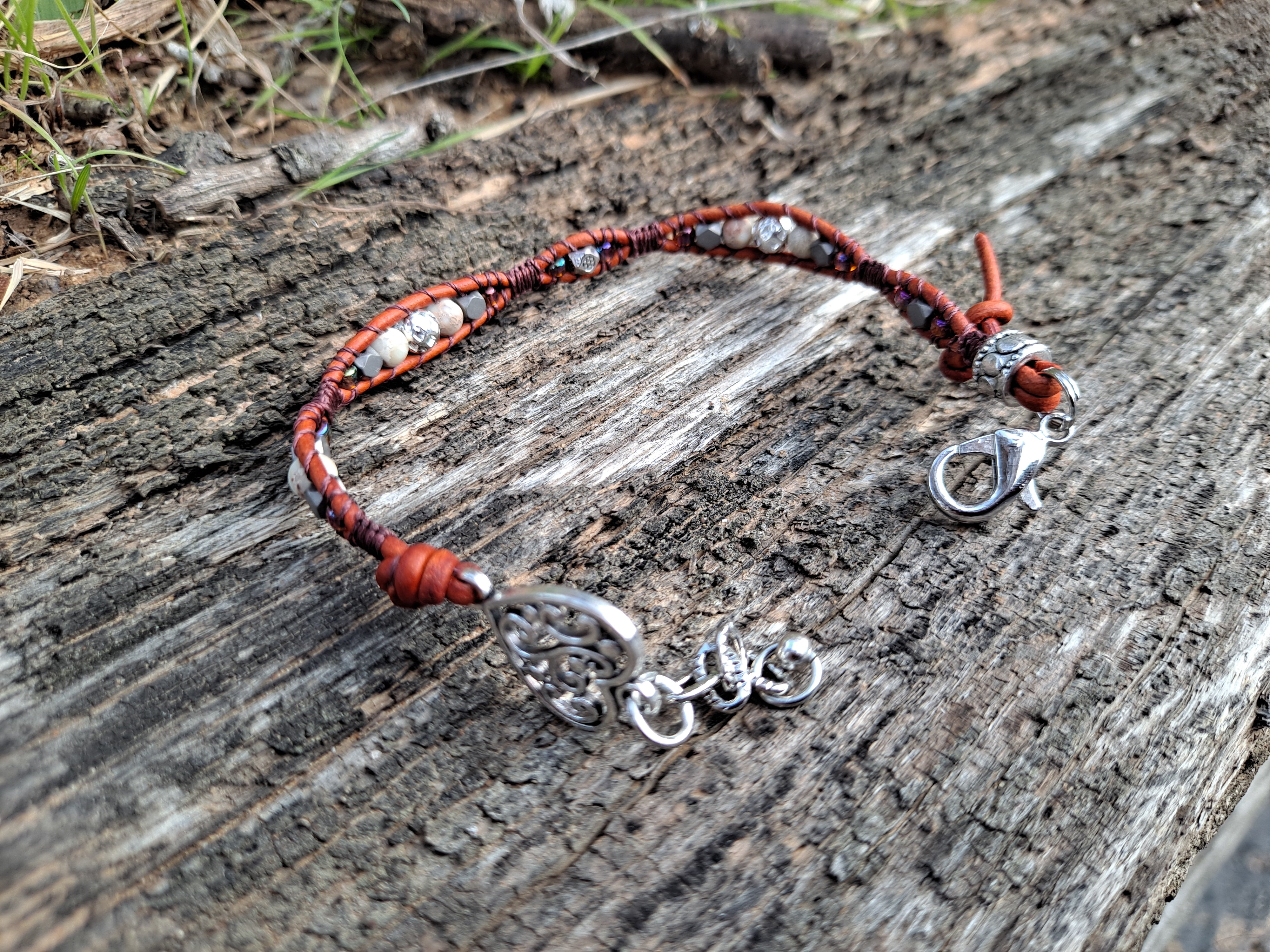 Bracelet Handmade, Single Wrap Leather Bracelet, Jasper Beads (D32)