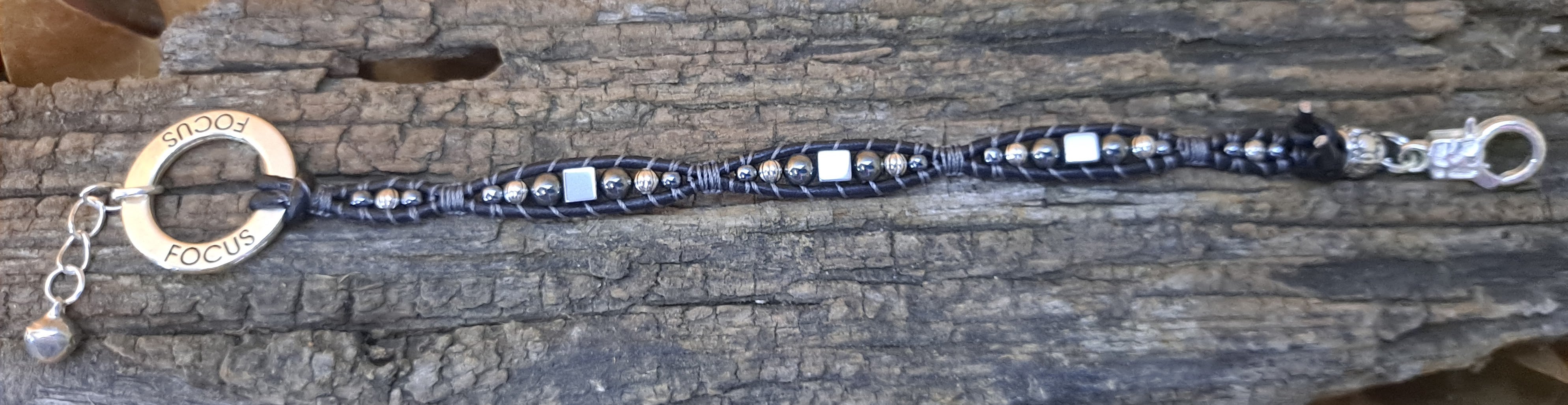 Bracelet Handmade, Single Wrap Leather Bracelet, Hematite Beads (J16)