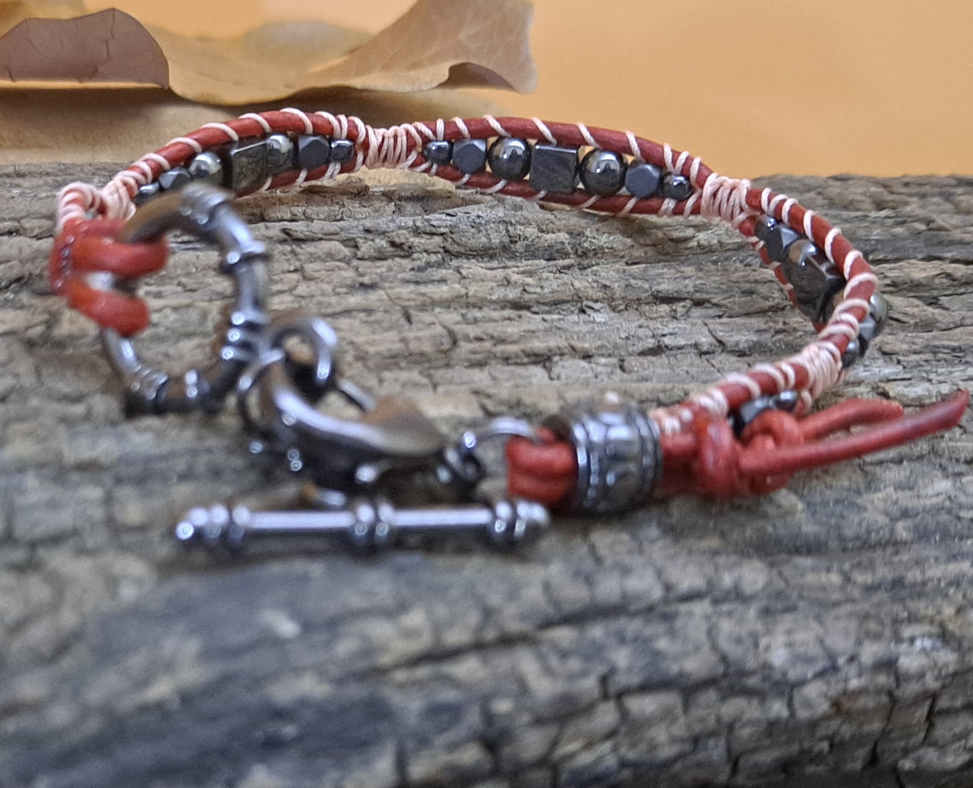 Bracelet Handmade, Single Wrap Leather Bracelet, Hematite Beads (J19)