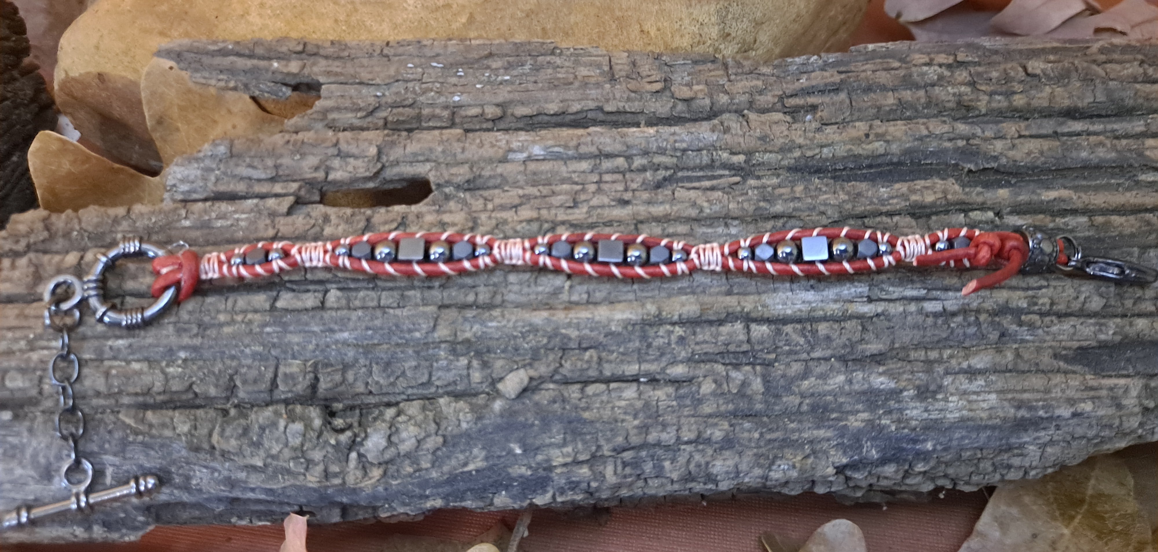 Bracelet Handmade, Single Wrap Leather Bracelet, Hematite Beads (J19)