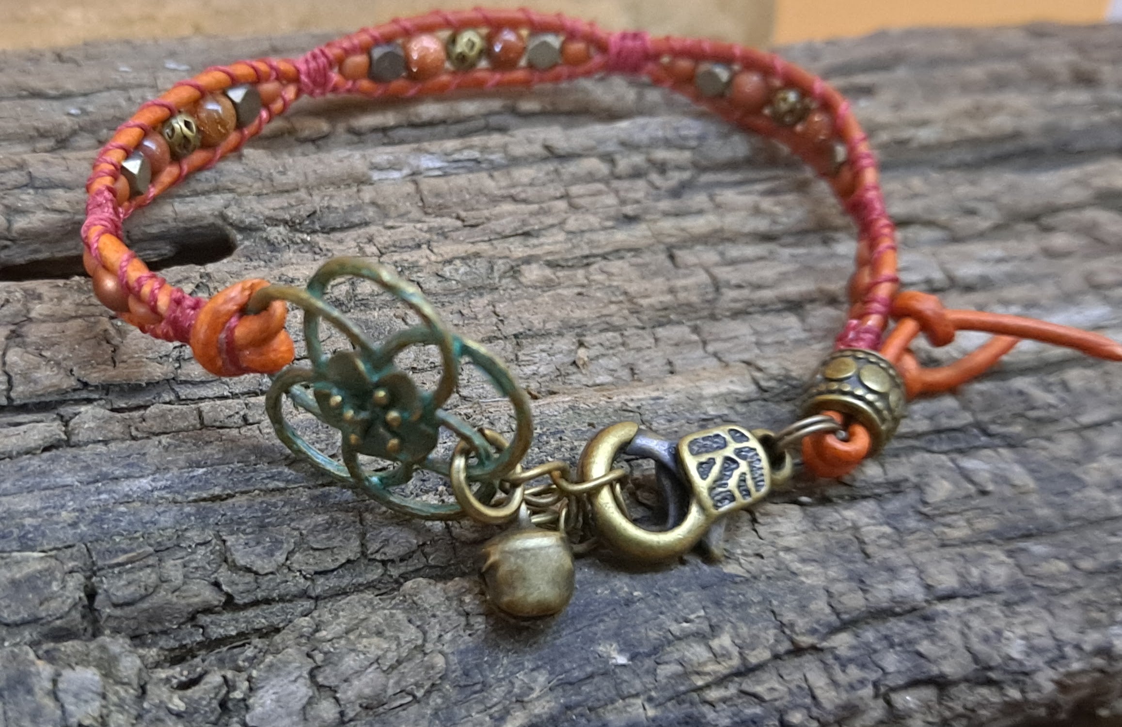 Bracelet Handmade, Single Wrap Leather Bracelet, Goldstone Beads (J13)
