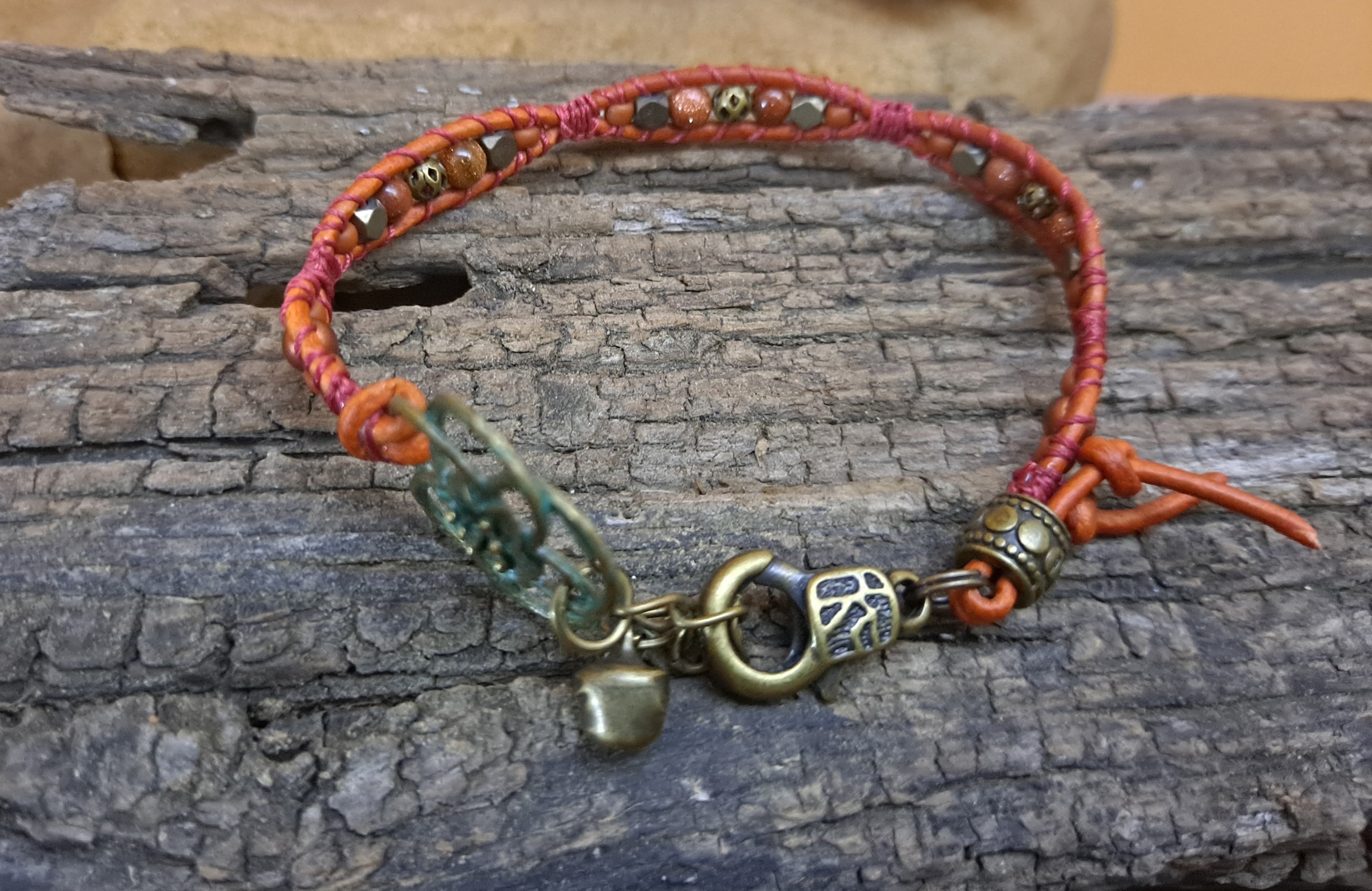 Bracelet Handmade, Single Wrap Leather Bracelet, Goldstone Beads (J13)