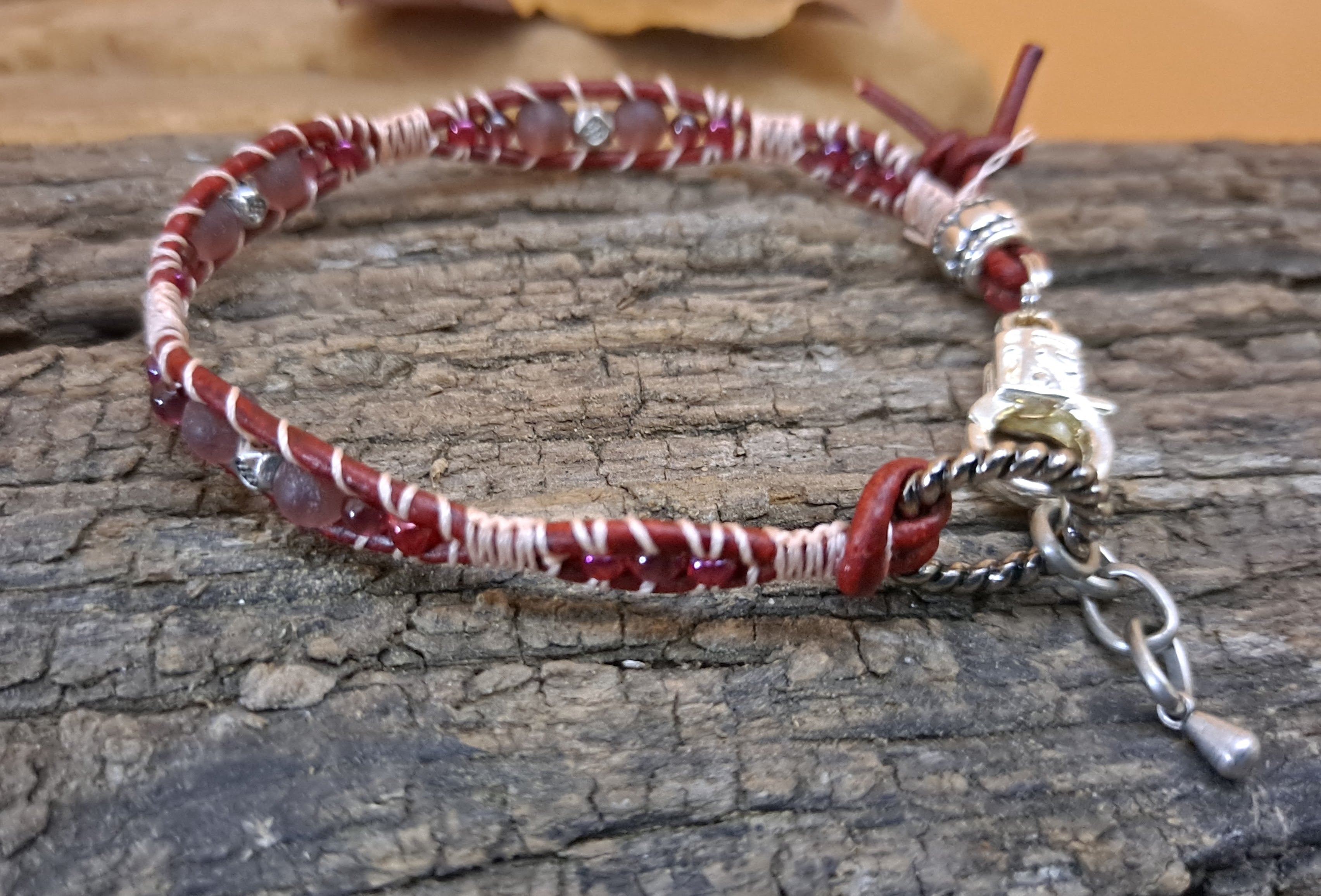 Bracelet Handmade, Single Wrap Leather Bracelet, Glass Beads (J82)