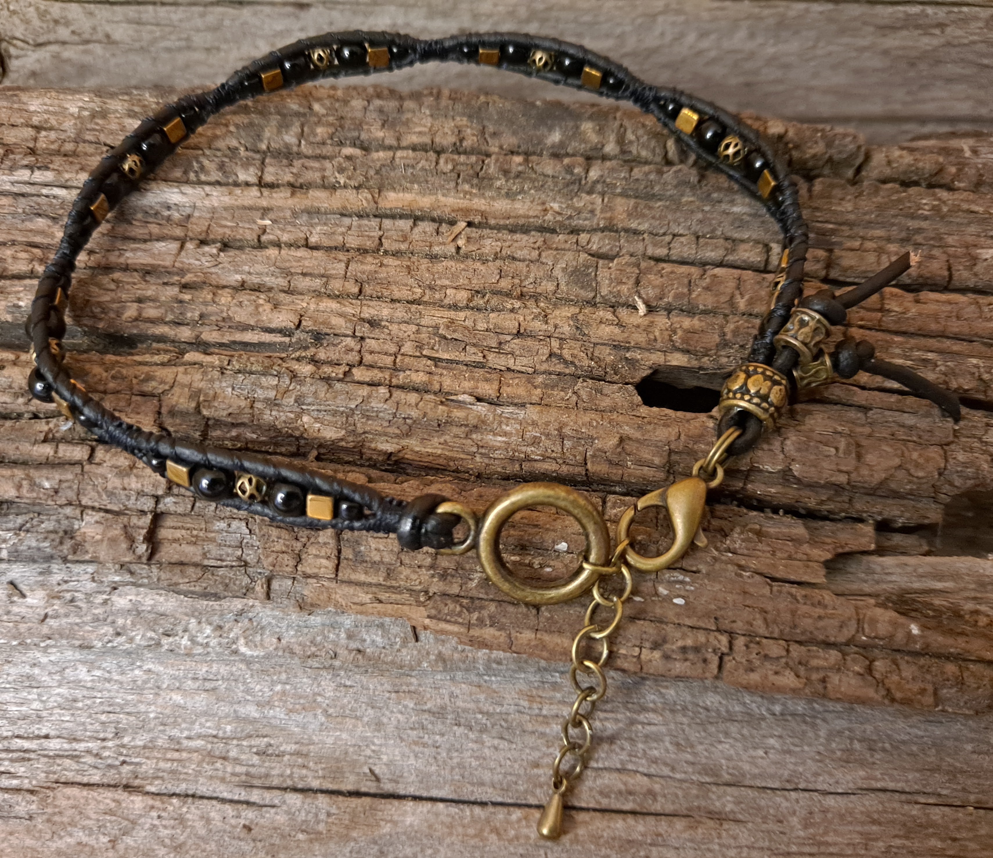 Anklet Handmade, Single Wrap Leather Anklet, Glass Beads (J31)