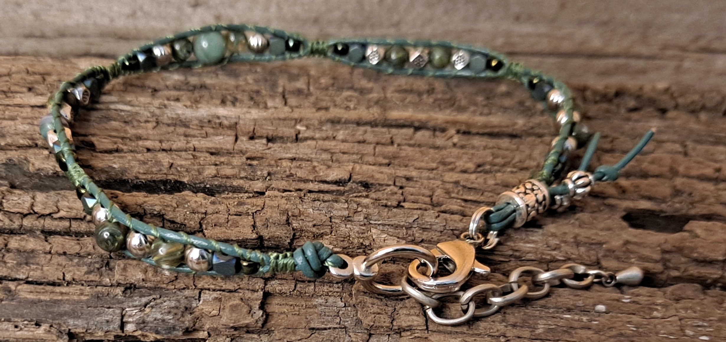 Anklet Handmade, Single Wrap Leather Anklet, Glass Beads (J34)