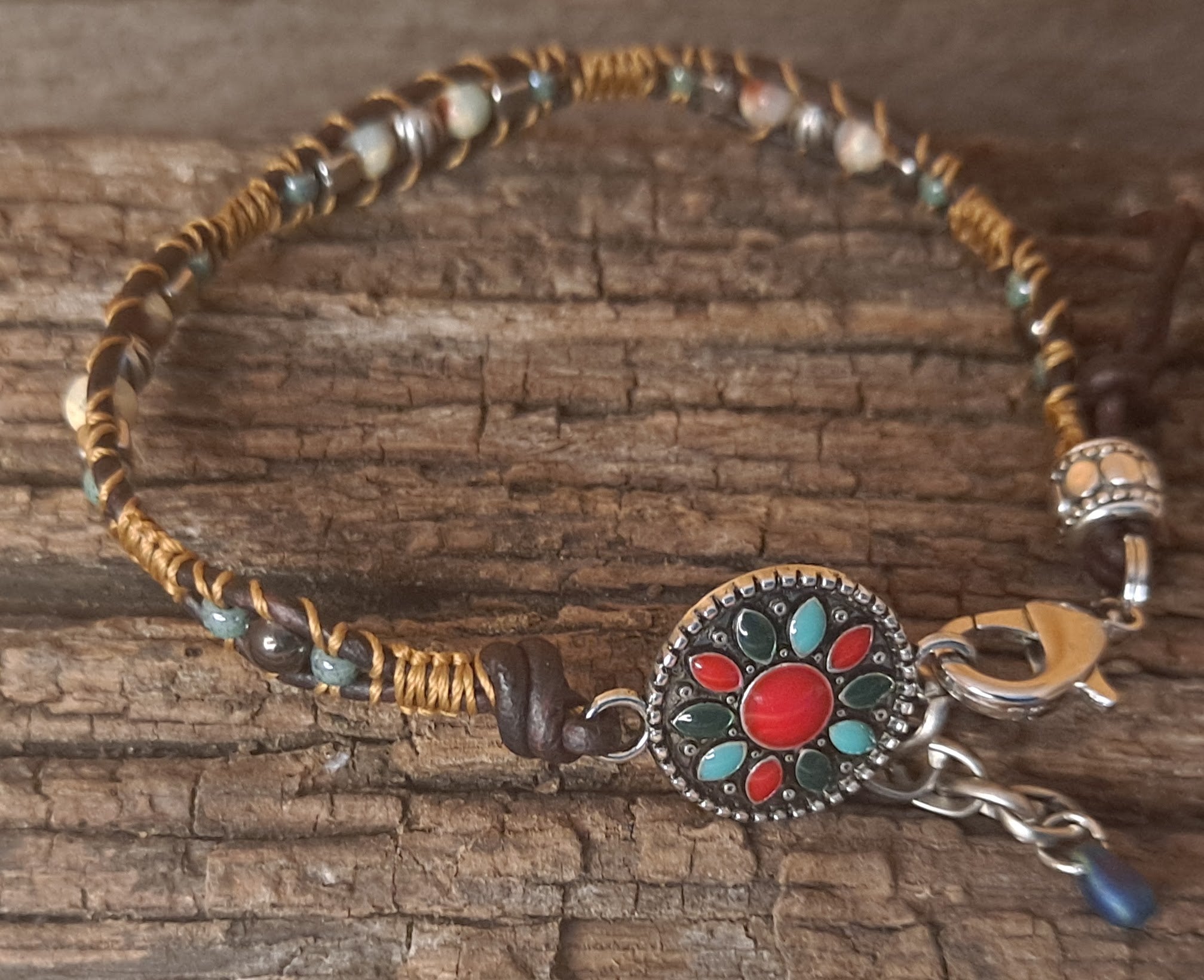 Bracelet Handmade, Single Wrap Leather Bracelet, Jasper Beads (EM50)