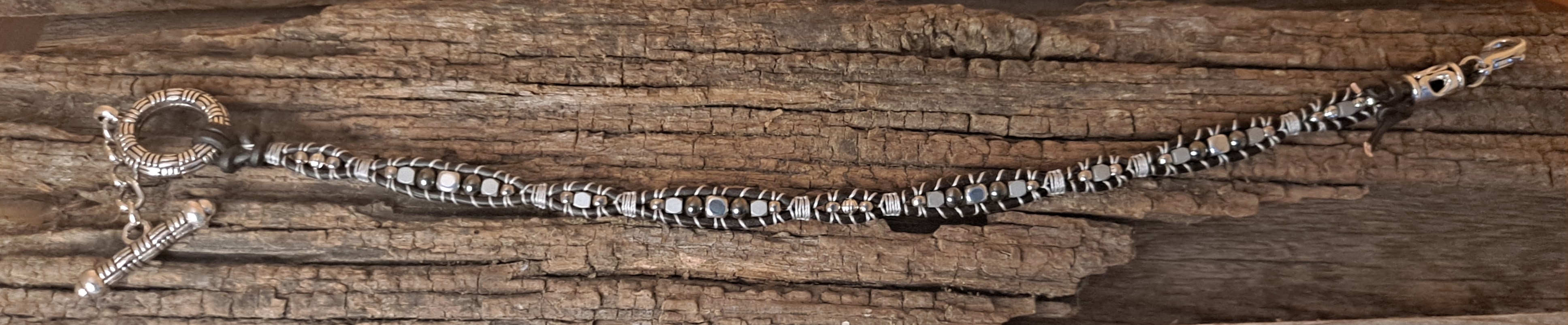Anklet Handmade, Single Wrap Leather Anklet, Hematite Beads (D04)