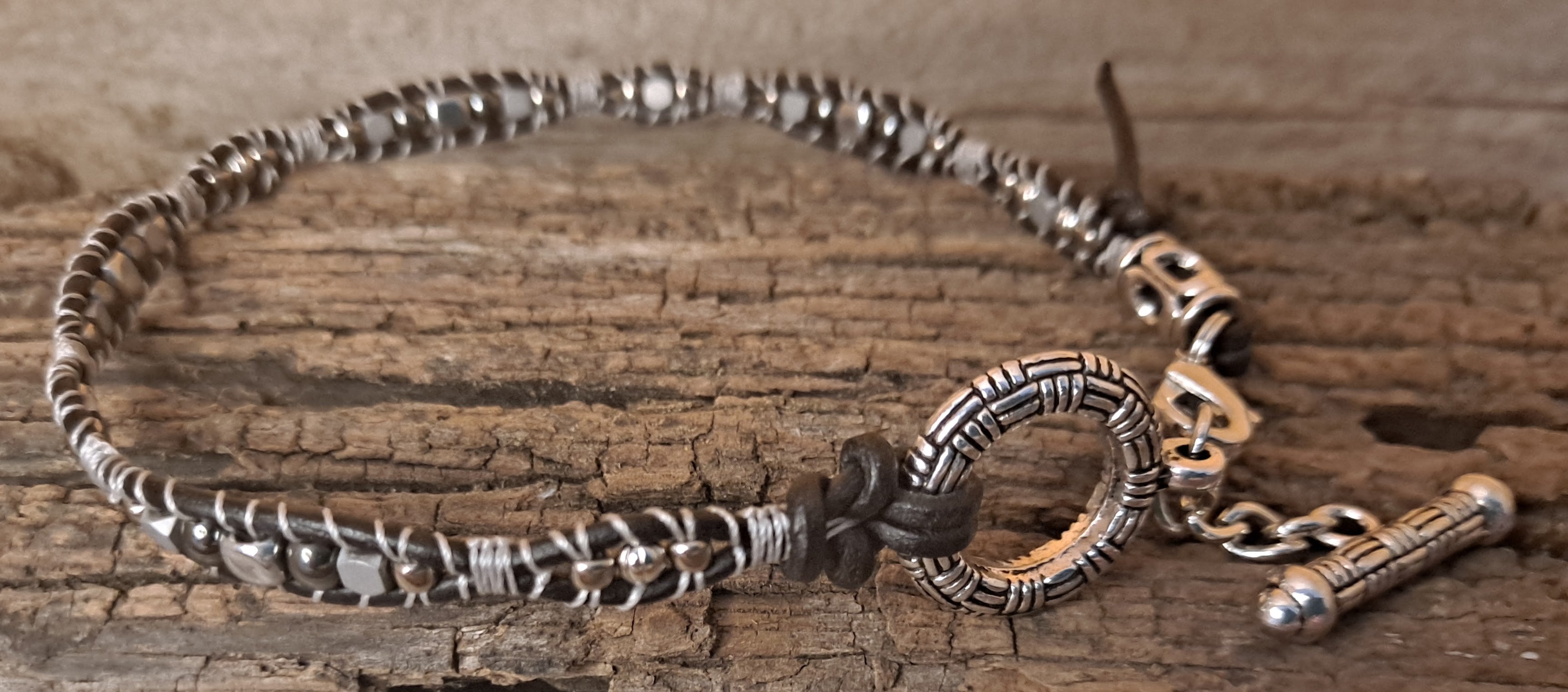 Anklet Handmade, Single Wrap Leather Anklet, Hematite Beads (D04)