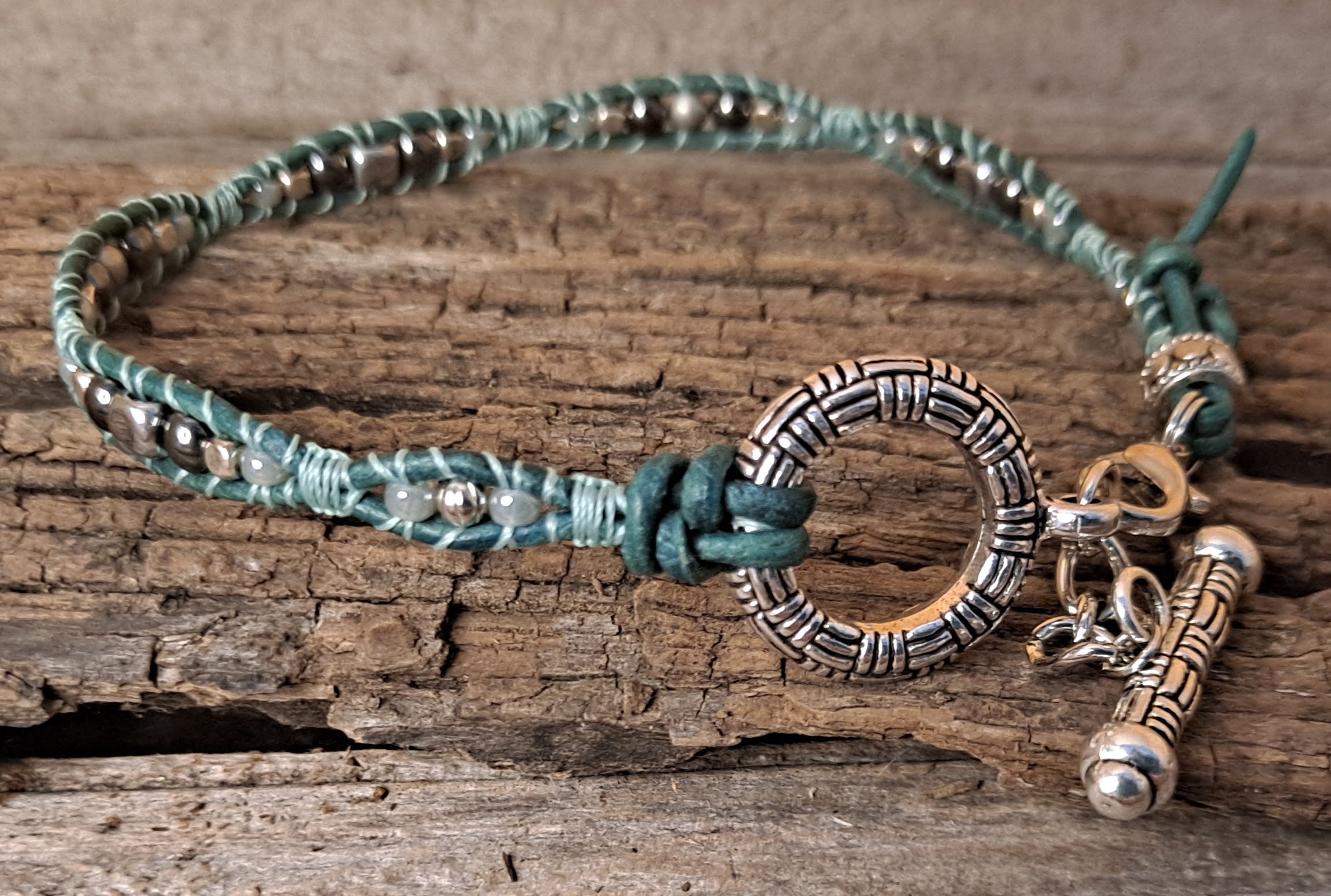 Anklet Handmade, Single Wrap Leather Anklet, Hematite Beads (C19)