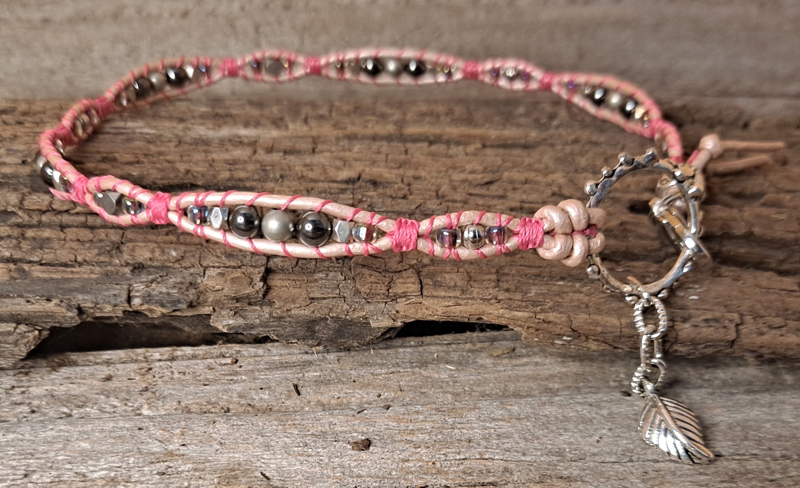 Anklet Handmade, Single Wrap Leather Anklet, Hematite Beads (D03)