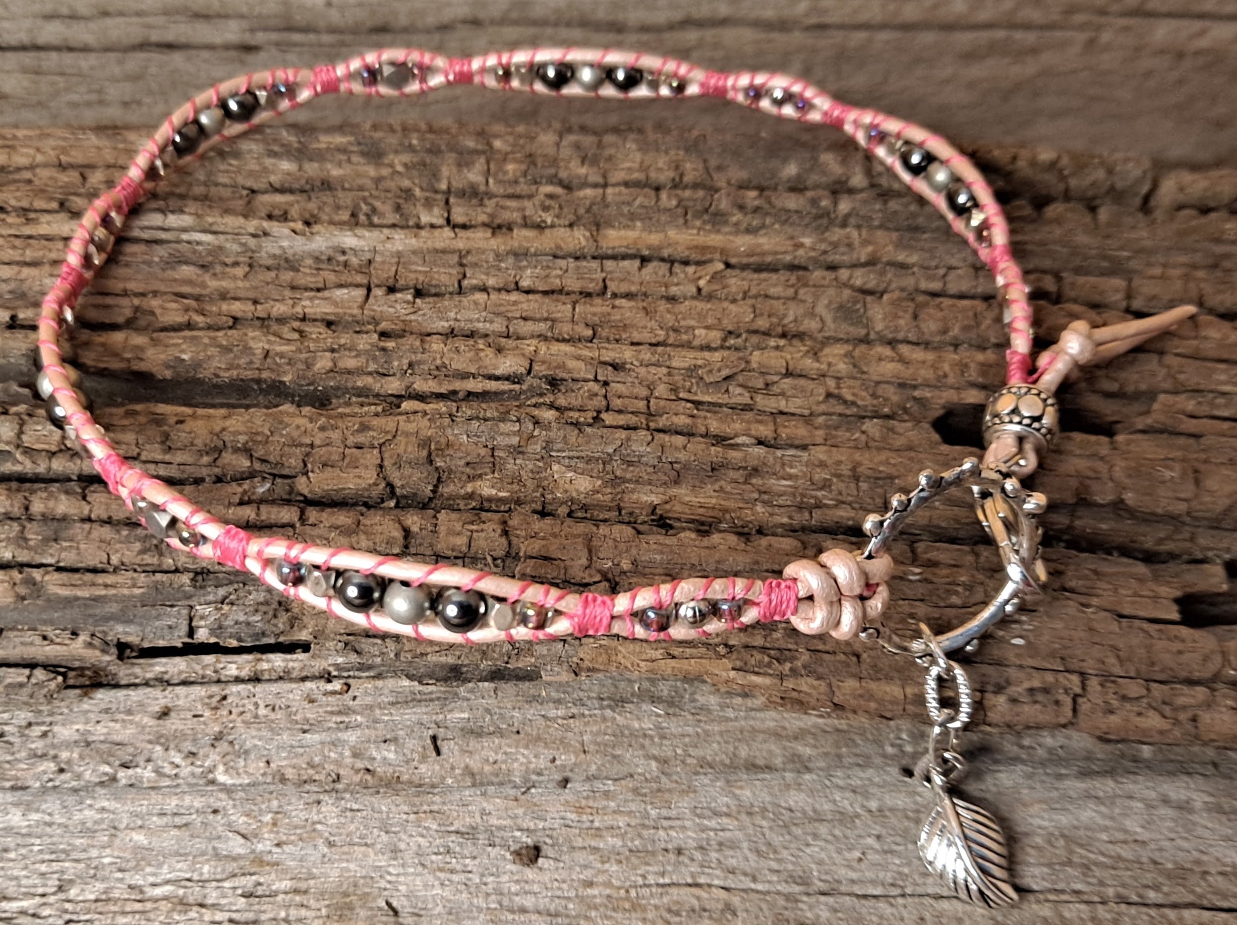Anklet Handmade, Single Wrap Leather Anklet, Hematite Beads (D03)