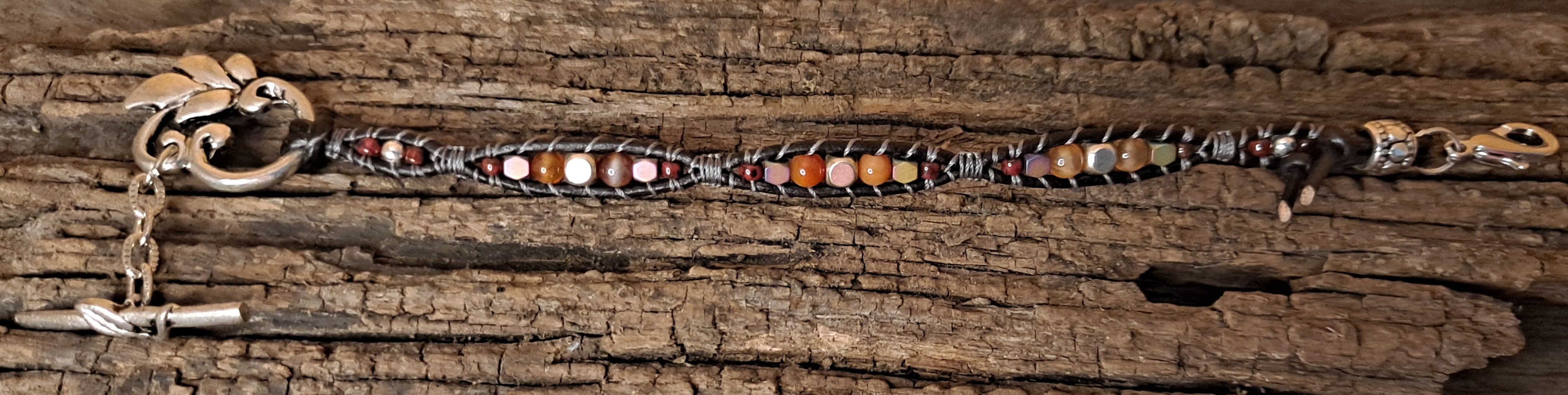 Bracelet Handmade, Single Wrap Leather Bracelet, Carnelian Beads (D24)