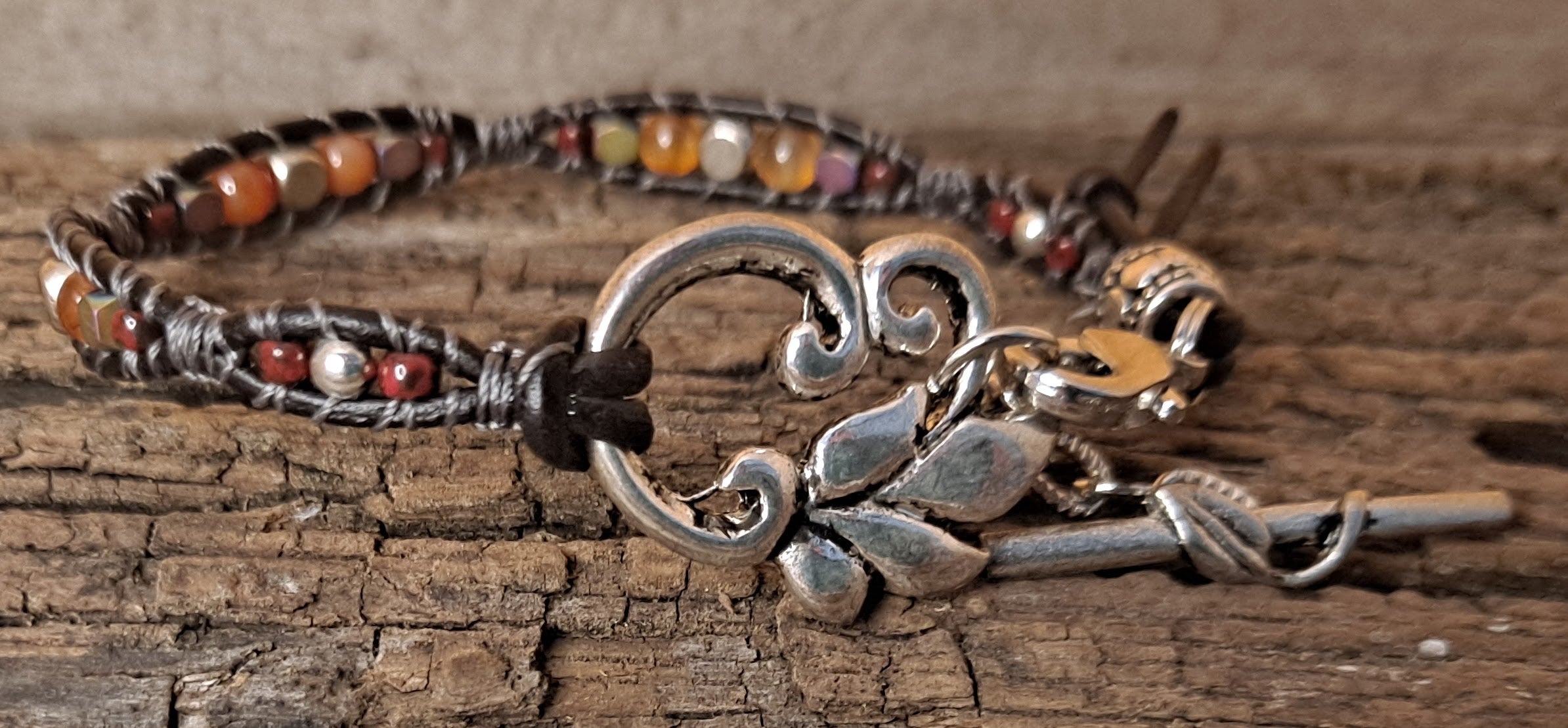 Bracelet Handmade, Single Wrap Leather Bracelet, Carnelian Beads (D24)