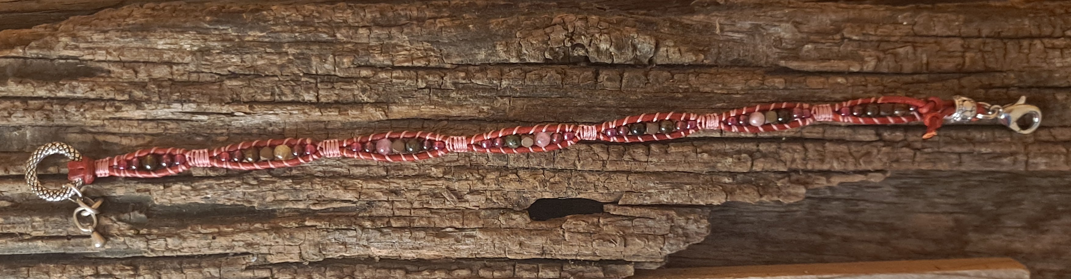 Anklet Handmade, Single Wrap Leather Anklet, Rhodolite Beads (G26)