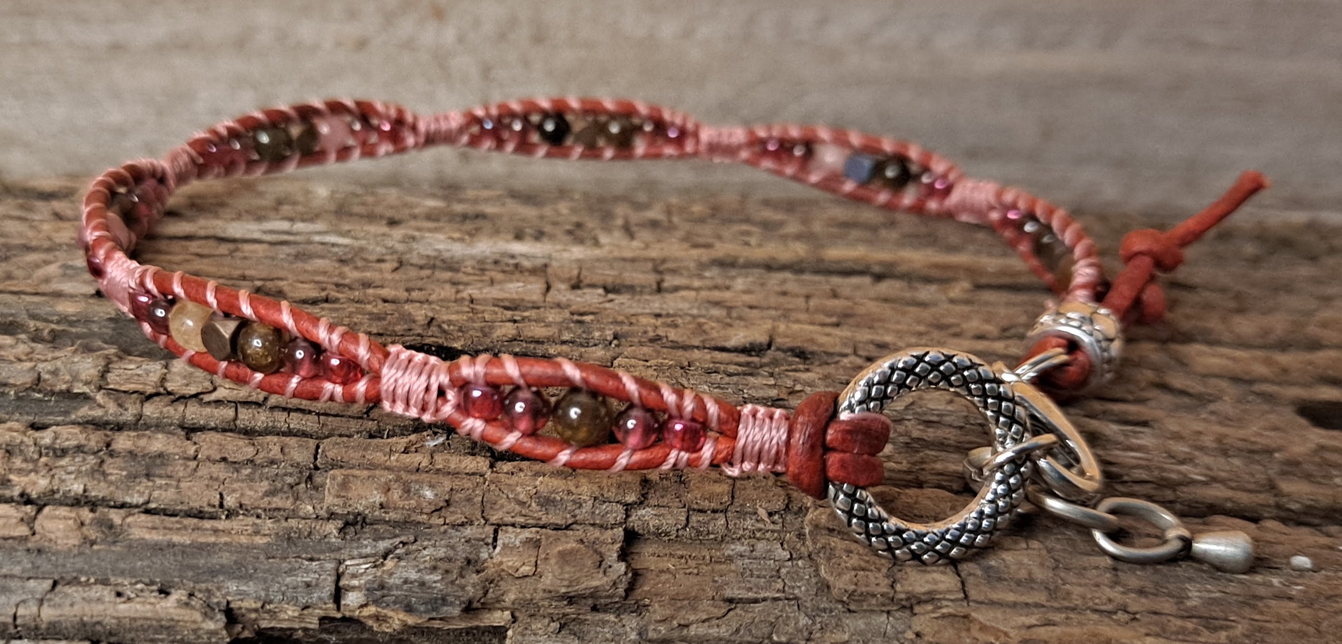 Anklet Handmade, Single Wrap Leather Anklet, Rhodolite Beads (G26)