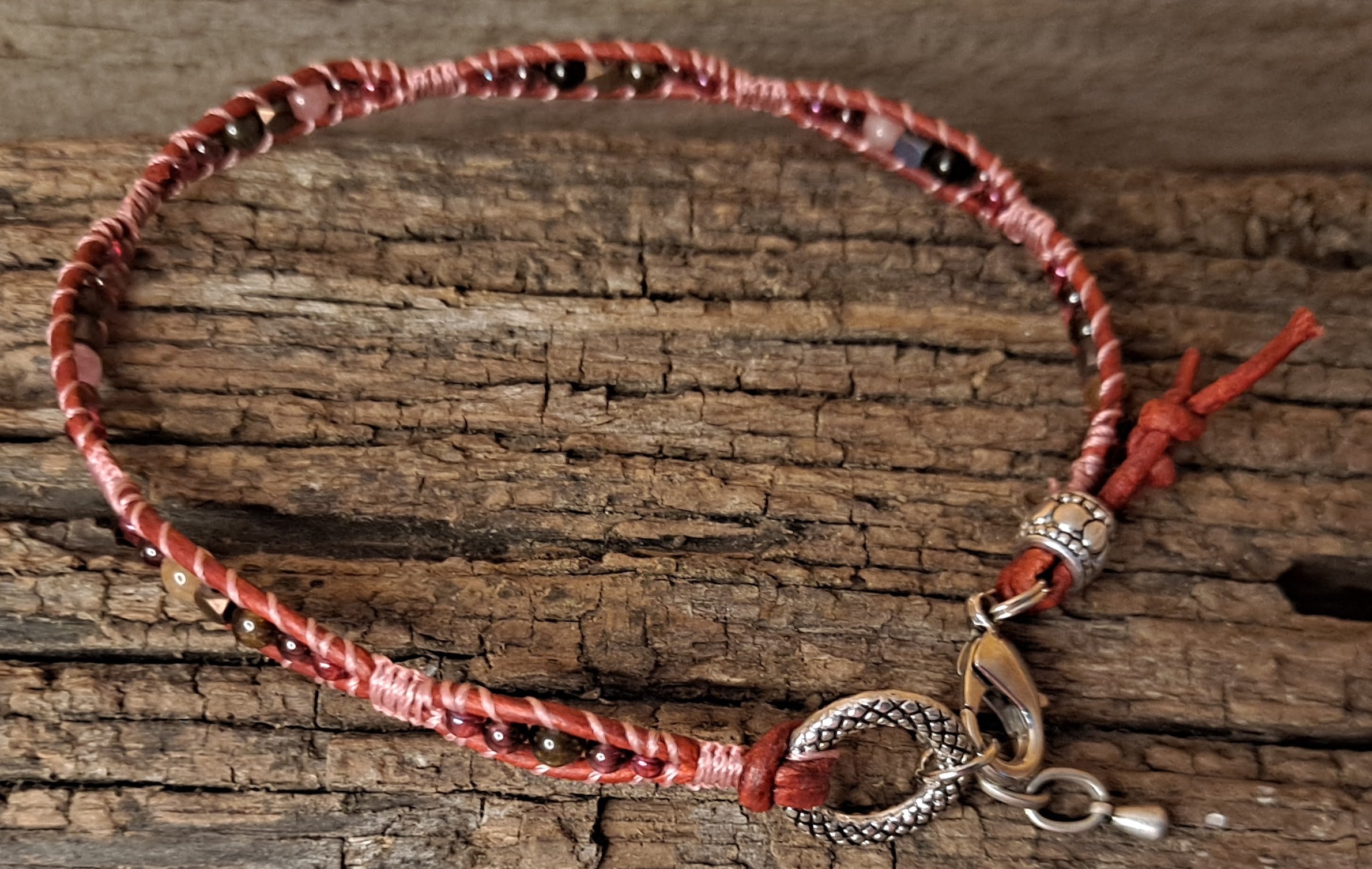 Anklet Handmade, Single Wrap Leather Anklet, Rhodolite Beads (G26)