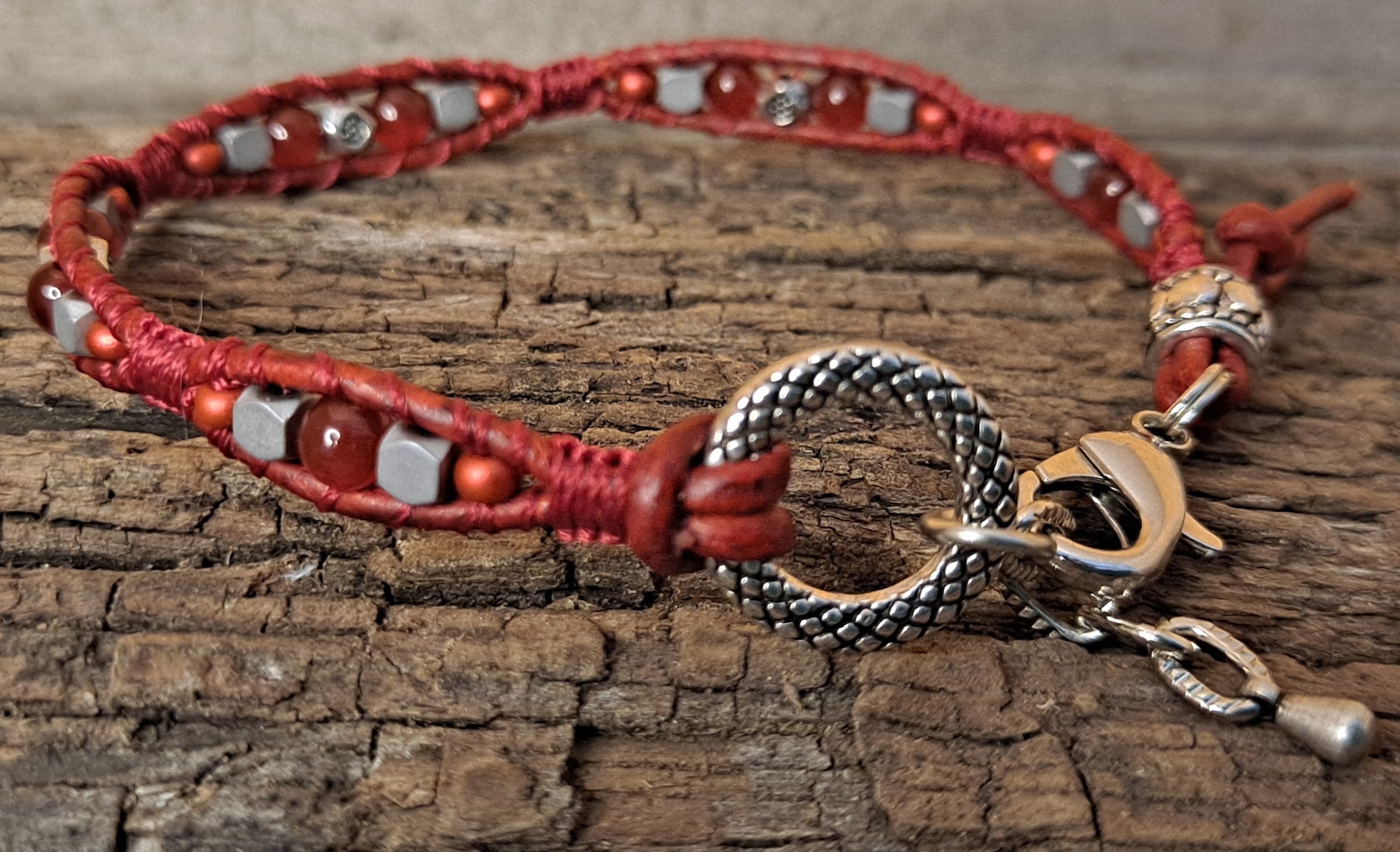 Bracelet Handmade, Single Wrap Leather Bracelet, Carnelian Beads (D38)