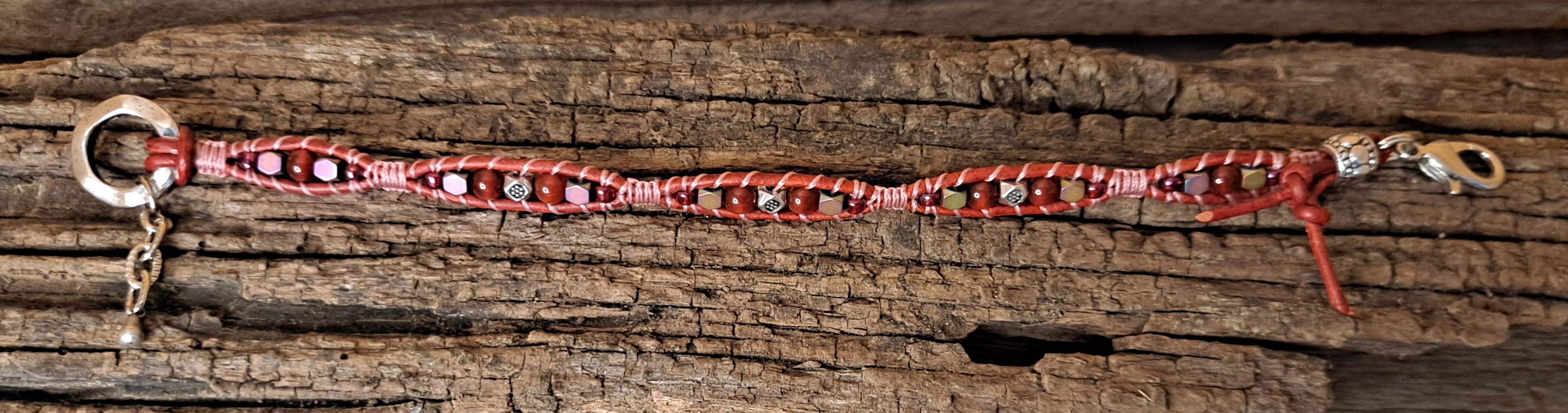 Bracelet Handmade, Single Wrap Leather Bracelet, Carnelian Beads (G13)