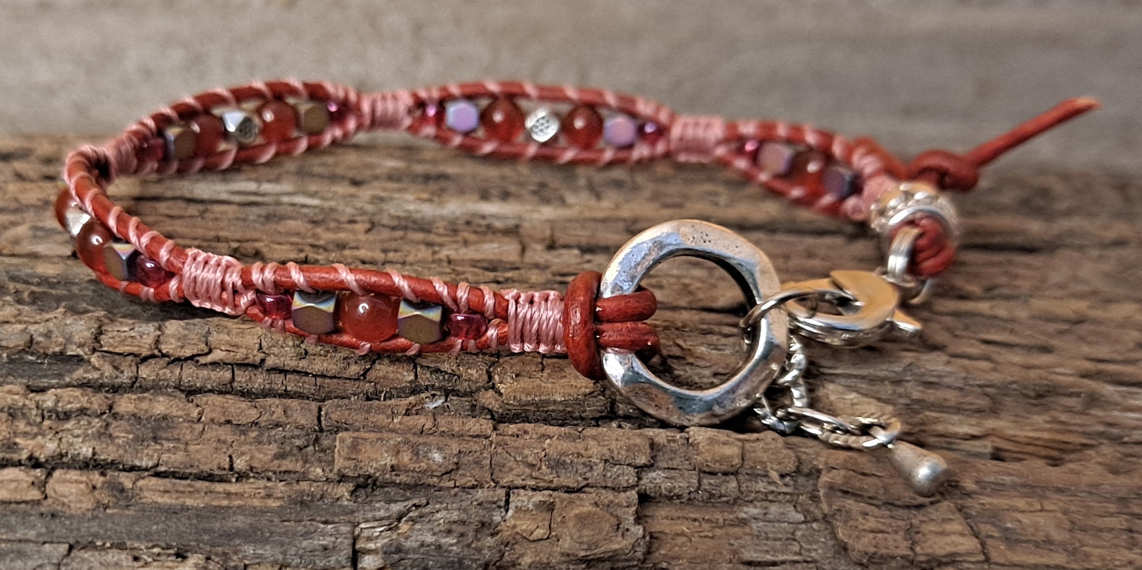 Bracelet Handmade, Single Wrap Leather Bracelet, Carnelian Beads (G13)