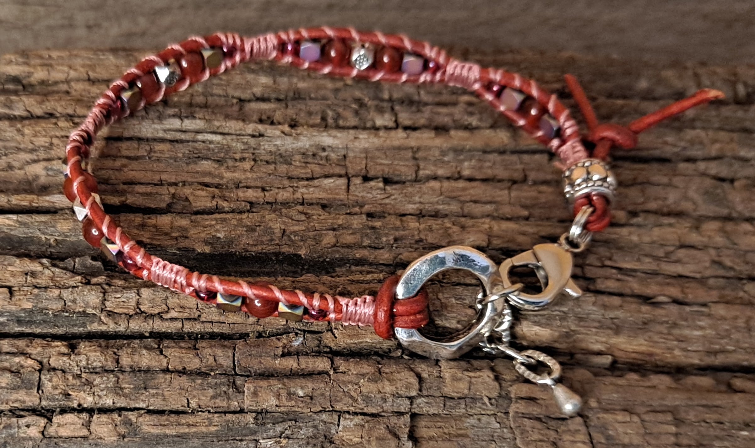 Bracelet Handmade, Single Wrap Leather Bracelet, Carnelian Beads (G13)