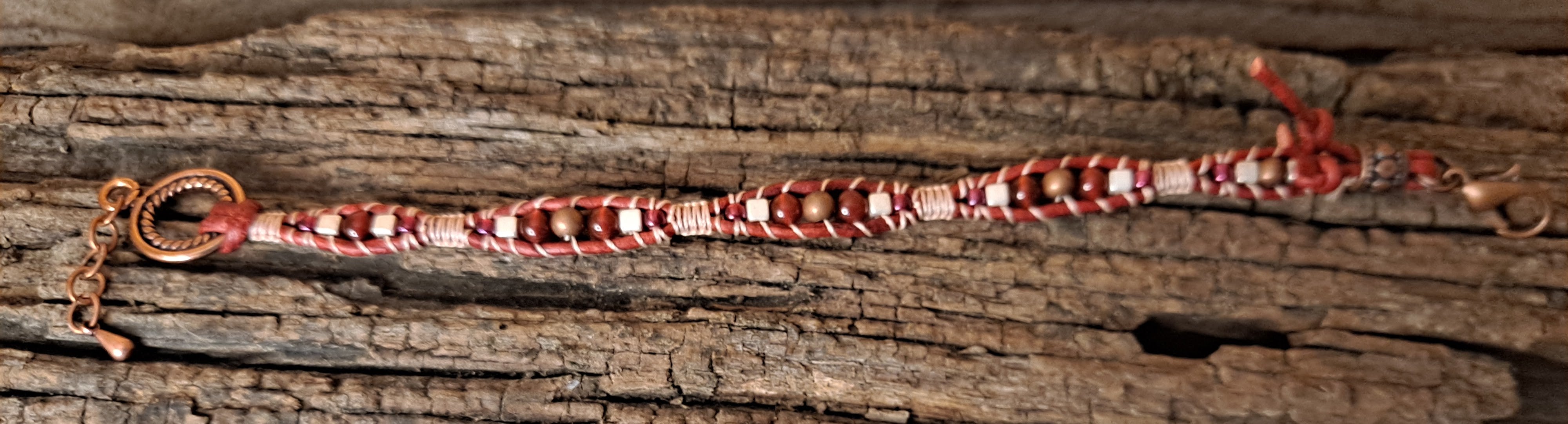 Bracelet Handmade, Single Wrap Leather Bracelet, Carnelian Beads (J90)
