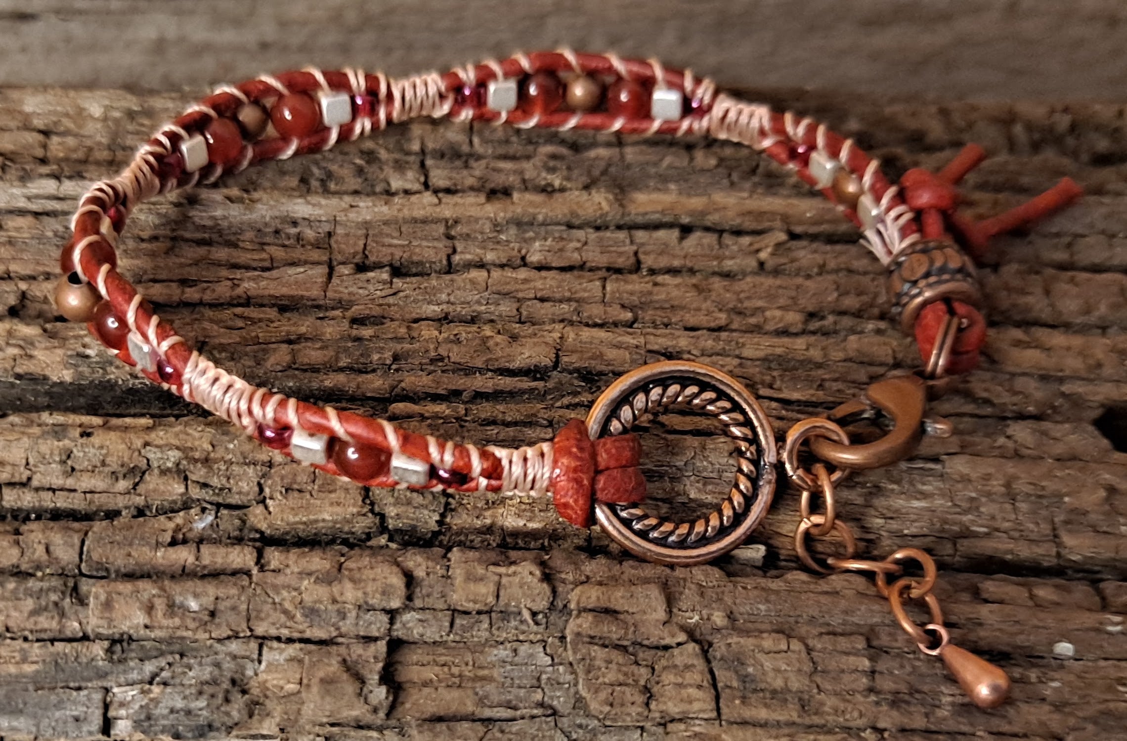 Bracelet Handmade, Single Wrap Leather Bracelet, Carnelian Beads (J90)