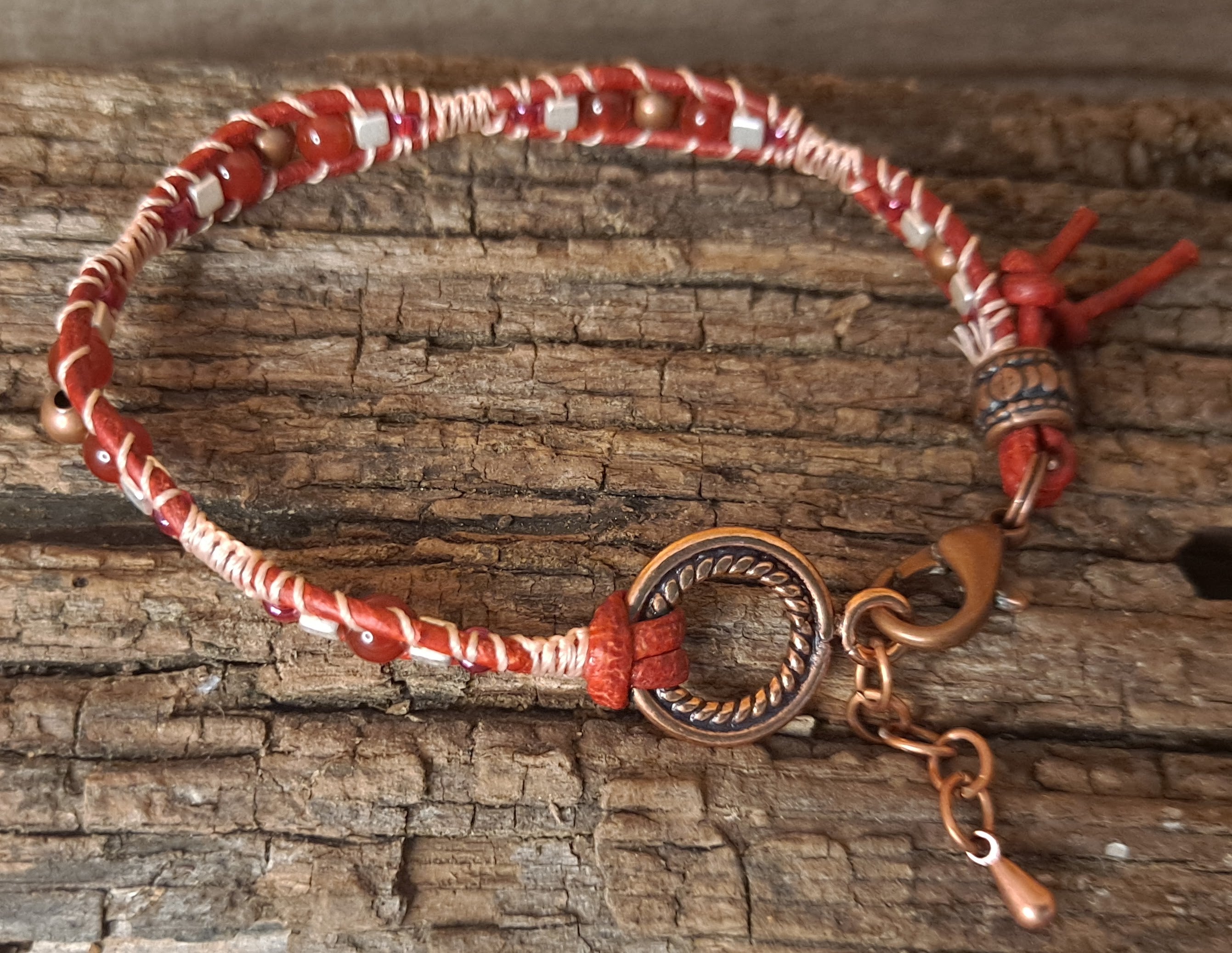 Bracelet Handmade, Single Wrap Leather Bracelet, Carnelian Beads (J90)