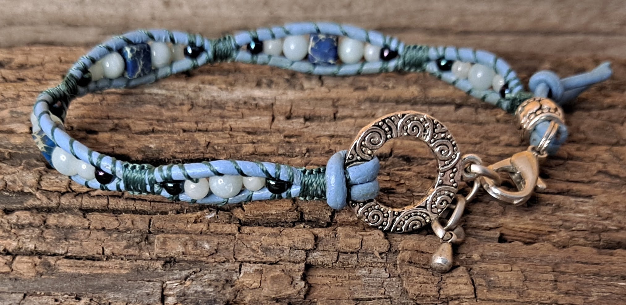 Bracelet Handmade, Single Wrap Leather Bracelet, Amazonite Beads (J75)