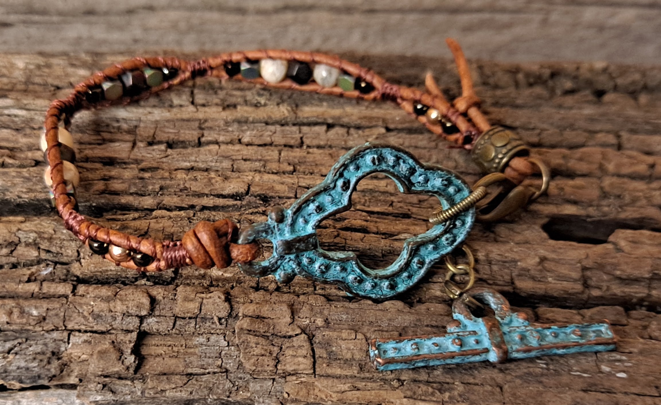 Bracelet Handmade, Single Wrap Leather Bracelet, Opal Beads (J48)