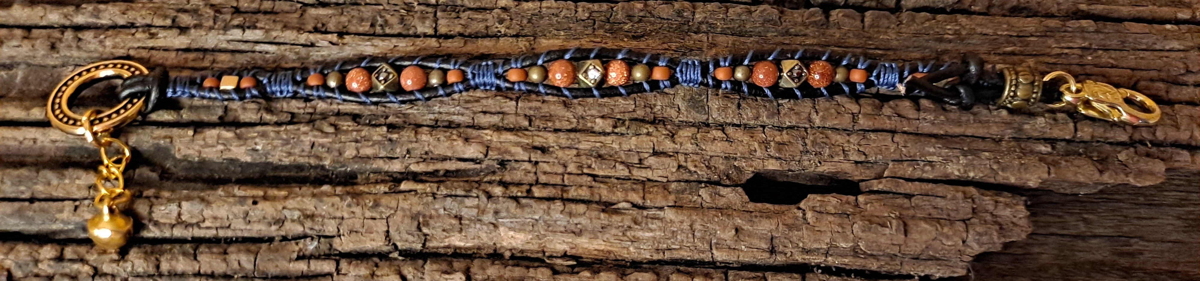 Bracelet Handmade, Single Wrap Leather Bracelet, Goldstone Beads (J12)