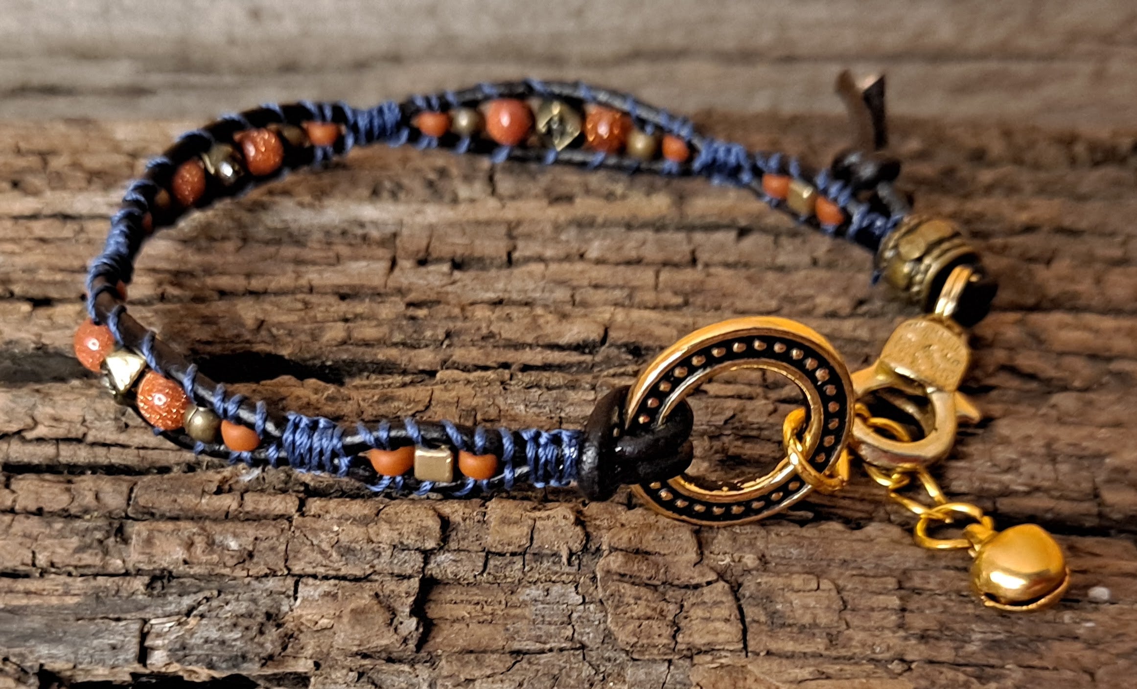 Bracelet Handmade, Single Wrap Leather Bracelet, Goldstone Beads (J12)
