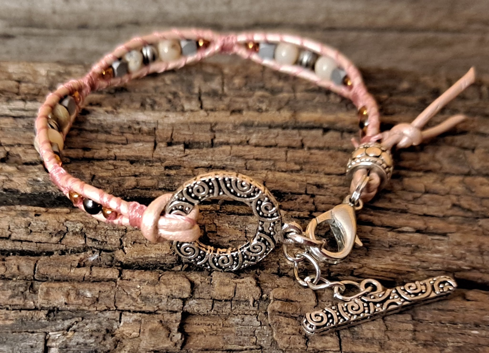 Bracelet Handmade, Single Wrap Leather Bracelet, Opal Beads (J50)