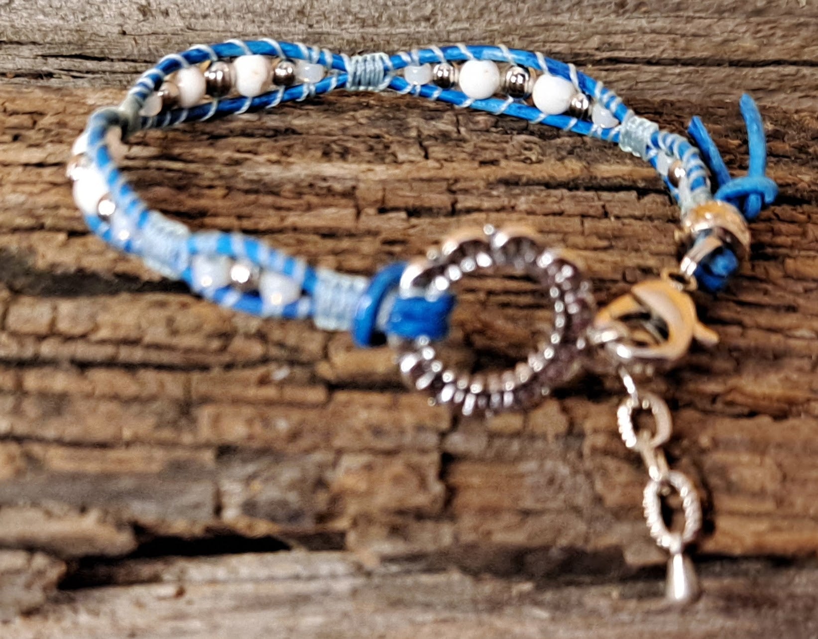 Bracelet Handmade, Single Wrap Leather Bracelet, Magnesite Beads (J89)