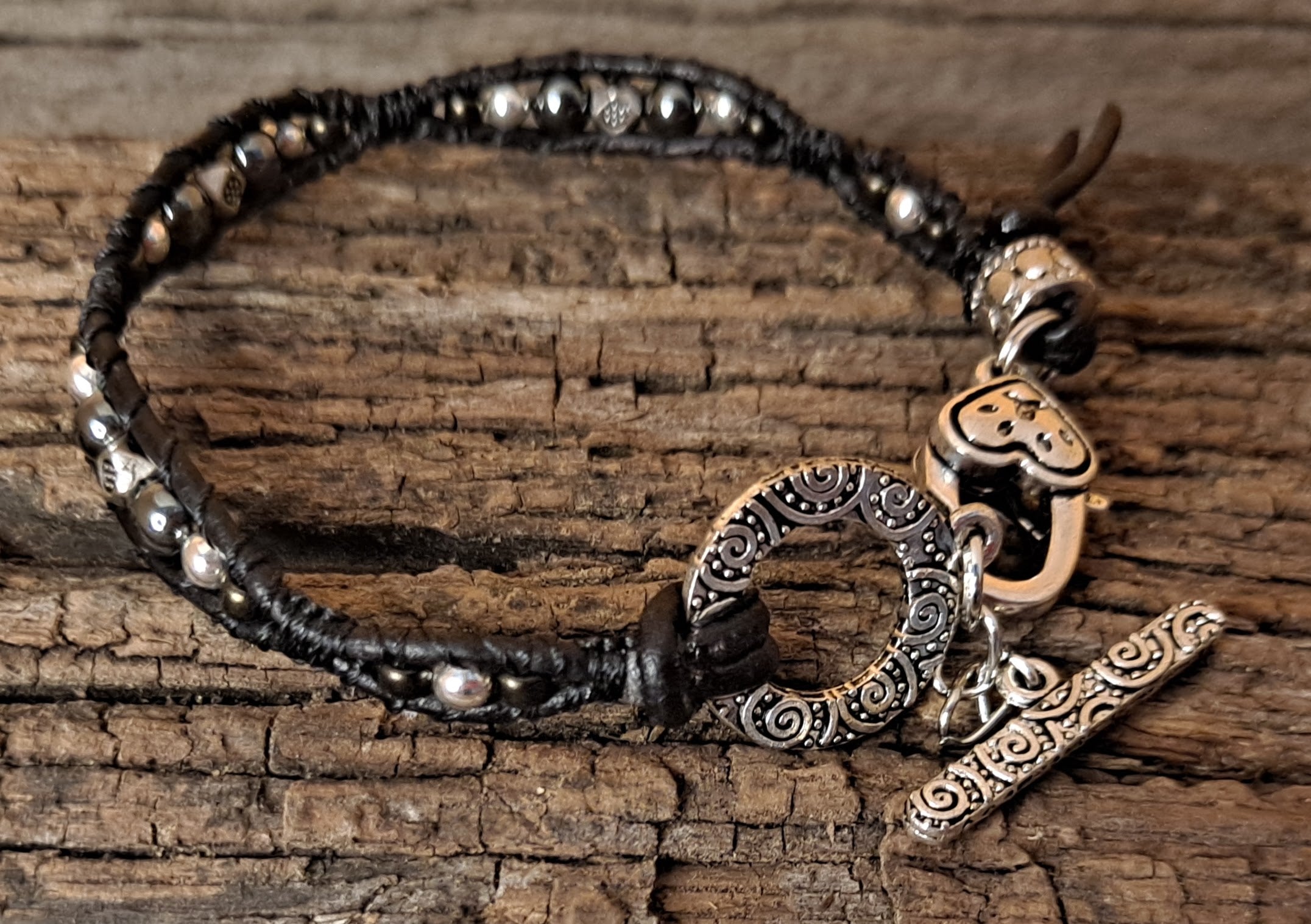 Bracelet Handmade, Single Wrap Leather Bracelet, Hematite Beads (J17)