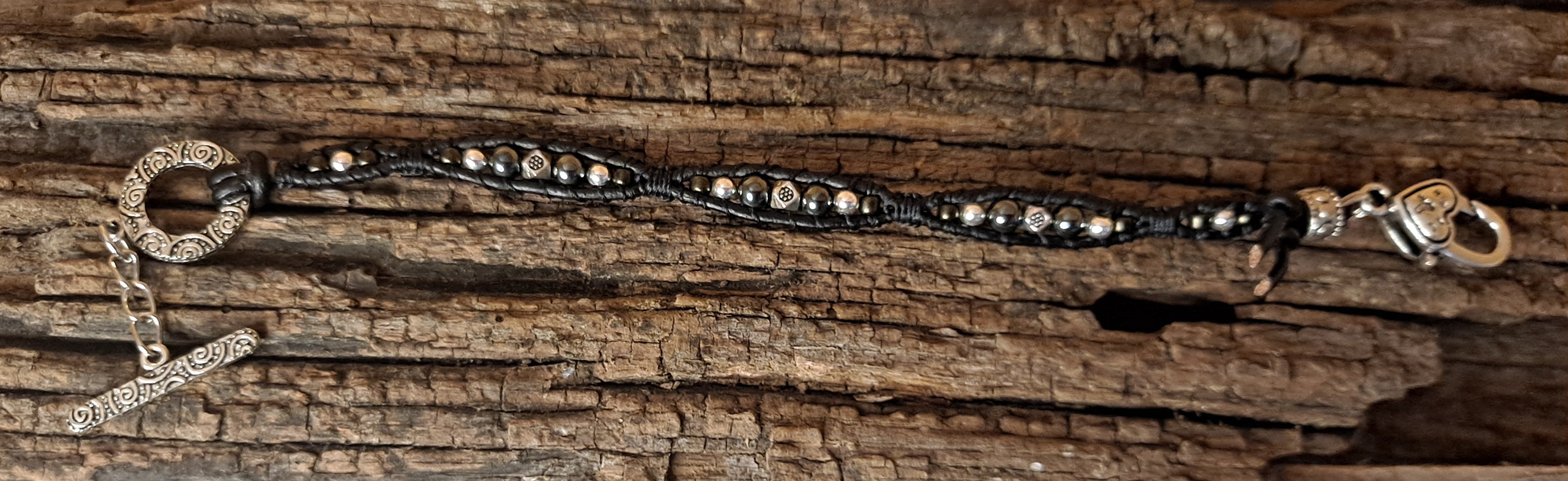 Bracelet Handmade, Single Wrap Leather Bracelet, Hematite Beads (J17)