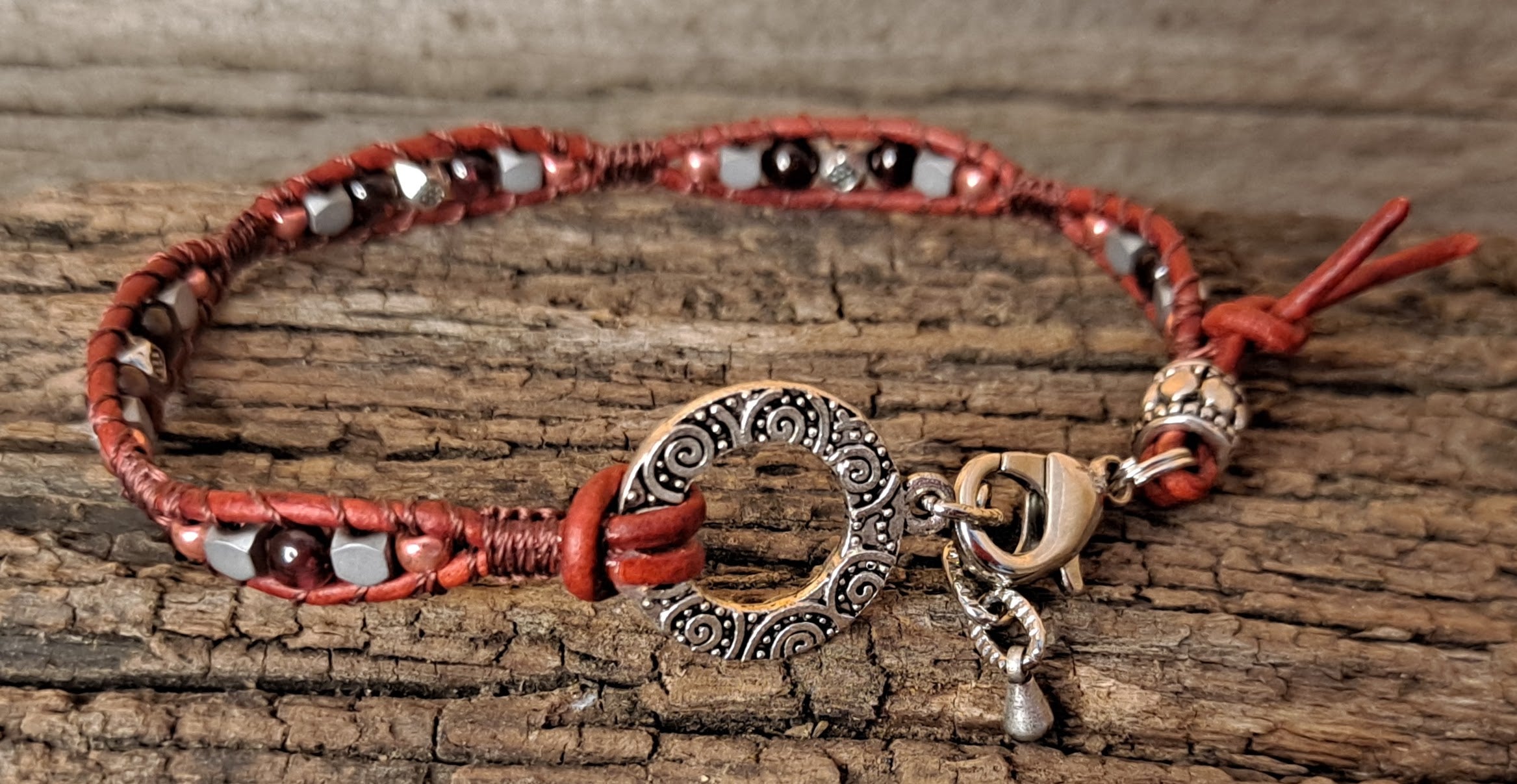 Bracelet Handmade, Single Wrap Leather Bracelet, Rhodolite Beads (G4)