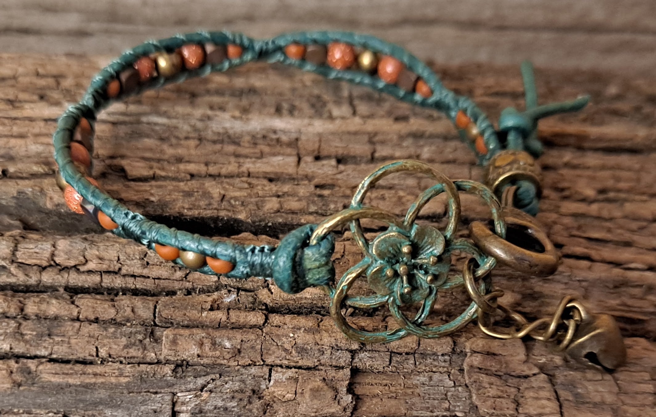 Bracelet Handmade, Single Wrap Leather Bracelet, Goldstone Beads (J15)