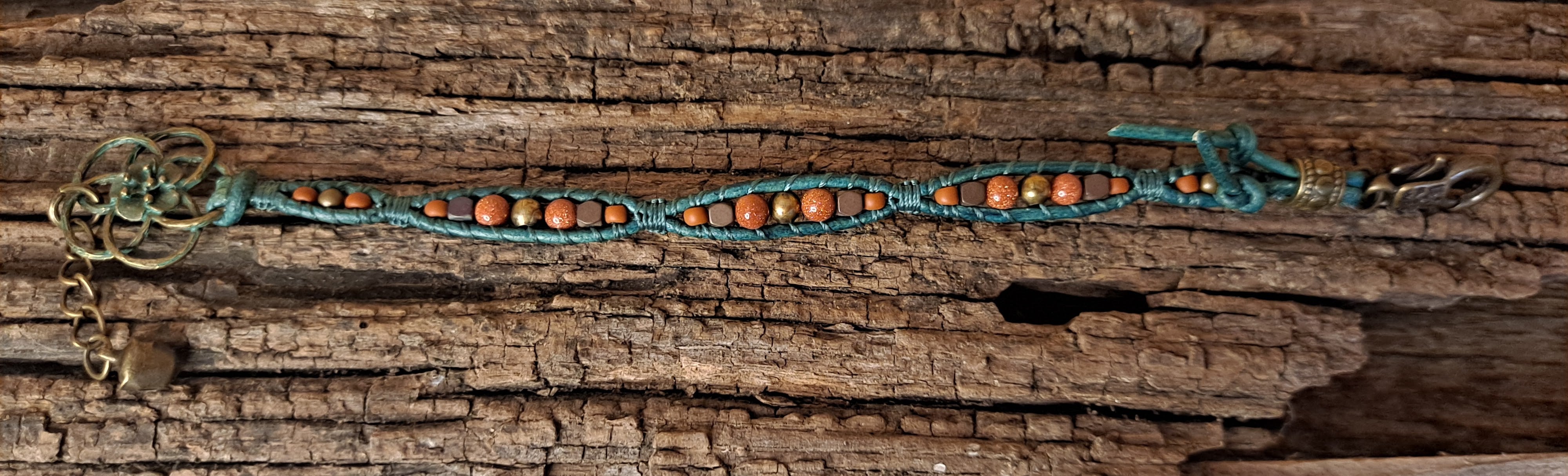 Bracelet Handmade, Single Wrap Leather Bracelet, Goldstone Beads (J15)
