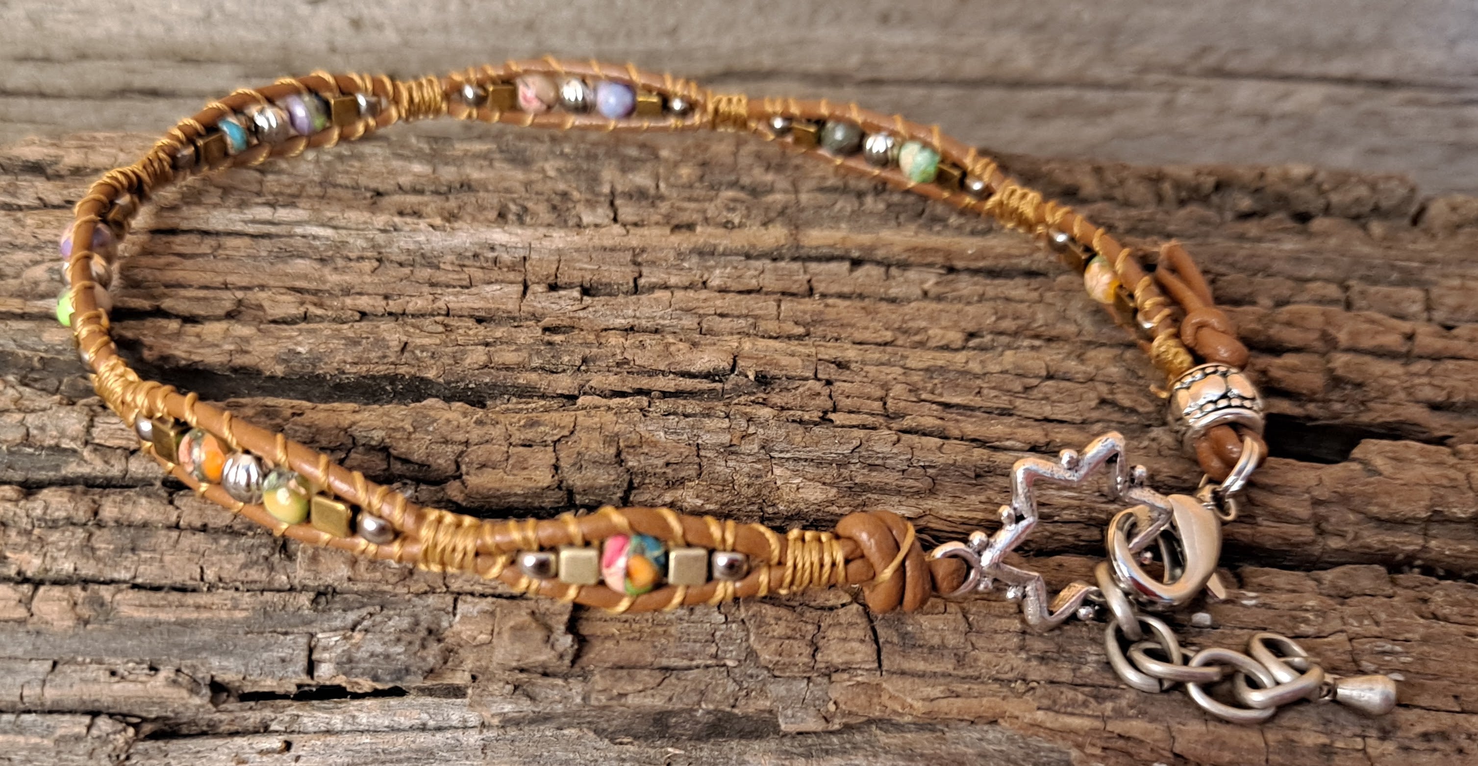 Anklet Handmade, Single Wrap Leather Anklet, Jasper Beads (J71)