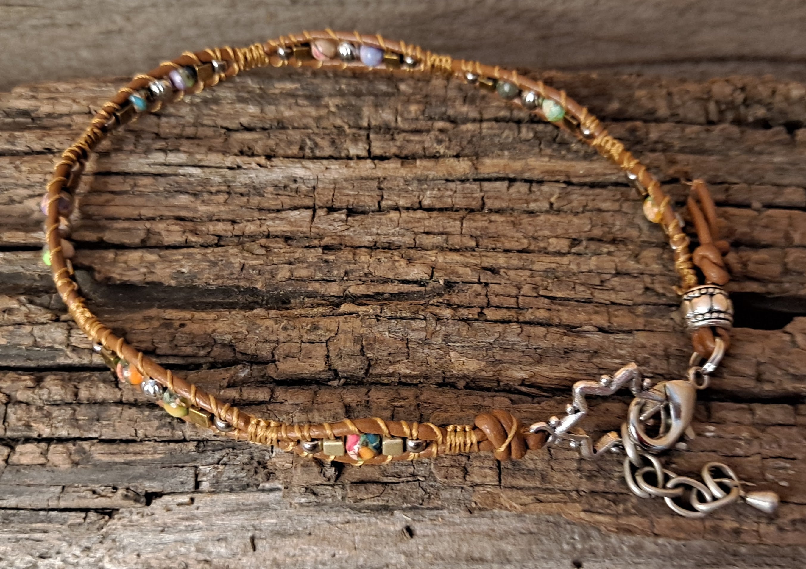 Anklet Handmade, Single Wrap Leather Anklet, Jasper Beads (J71)