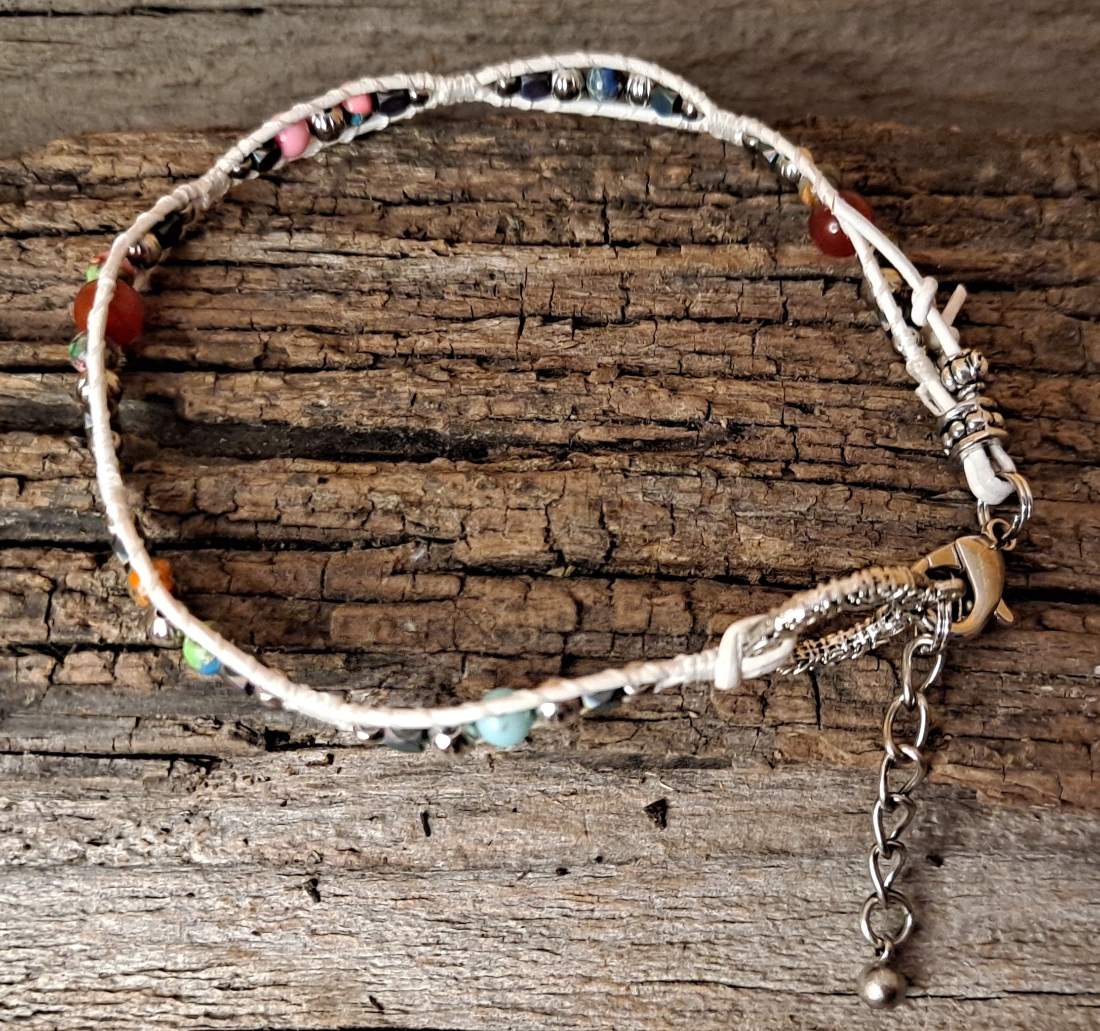 Anklet Handmade, Single Wrap Leather Anklet, Jasper Beads (J32)