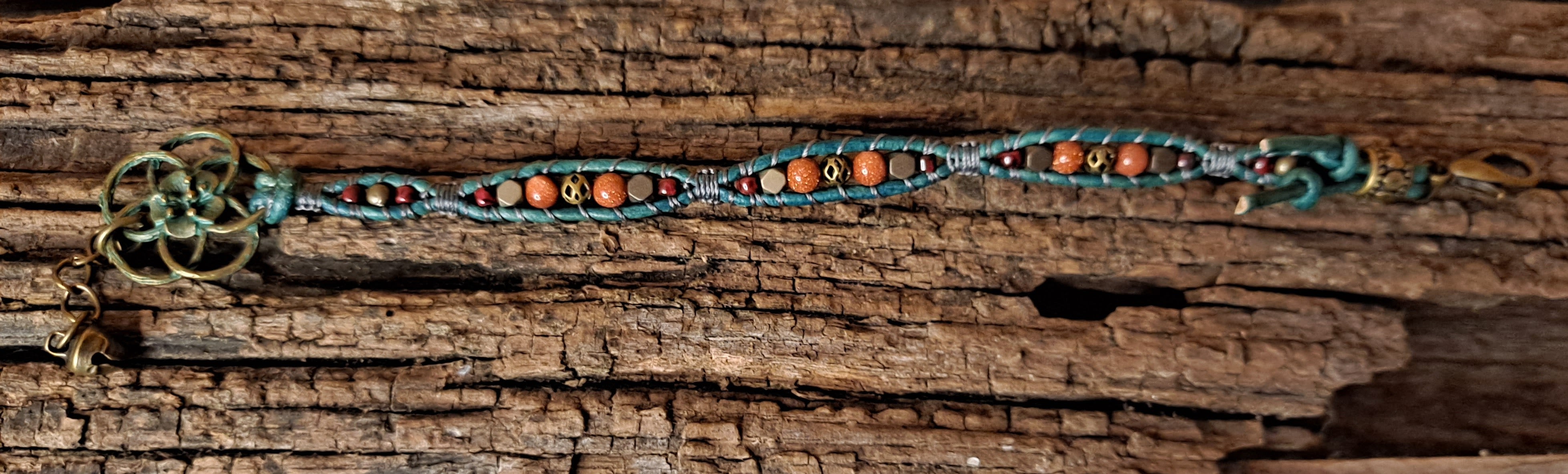 Bracelet Handmade, Single Wrap Leather Bracelet, Goldstone Beads (J10)