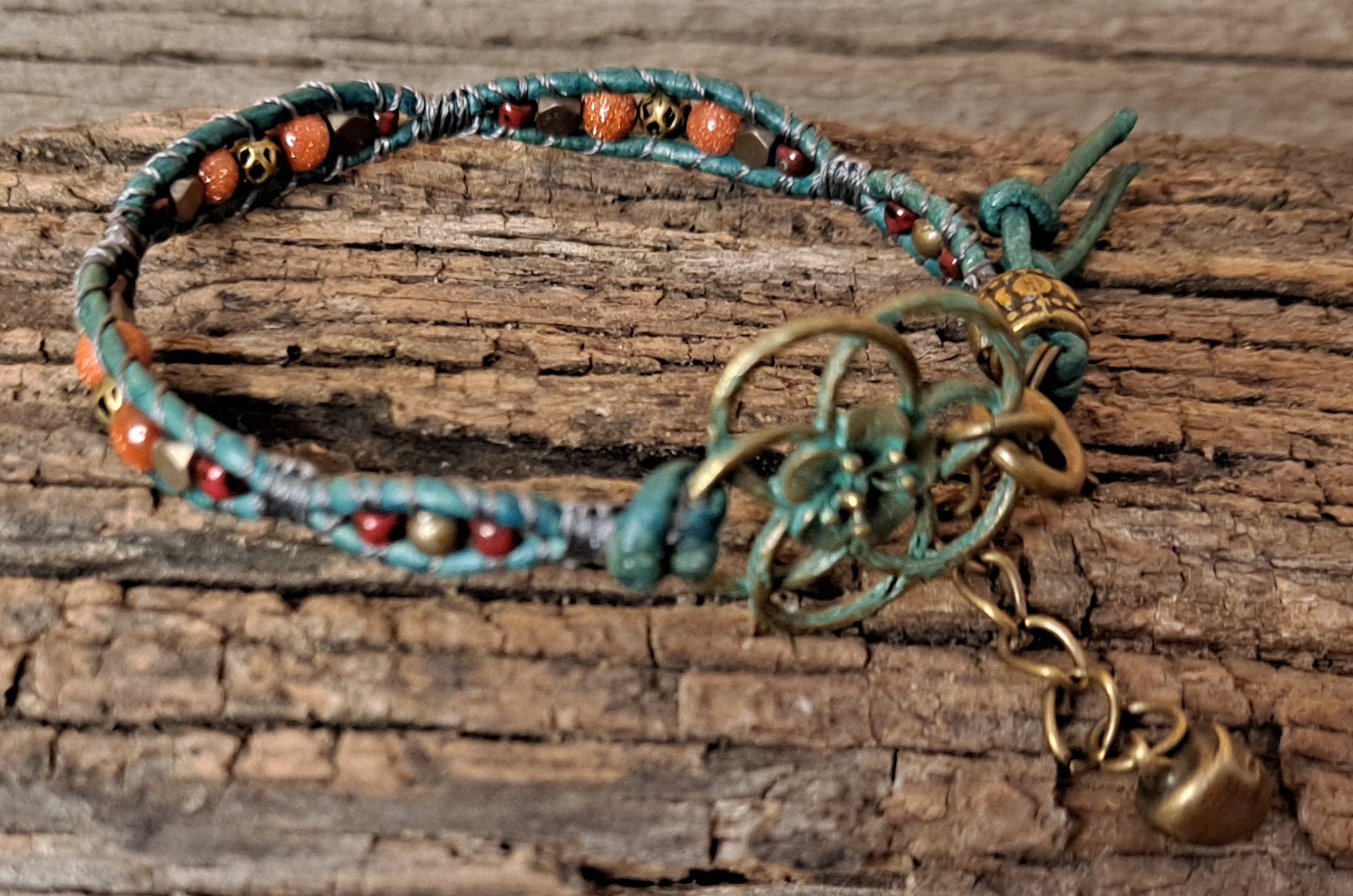 Bracelet Handmade, Single Wrap Leather Bracelet, Goldstone Beads (J10)