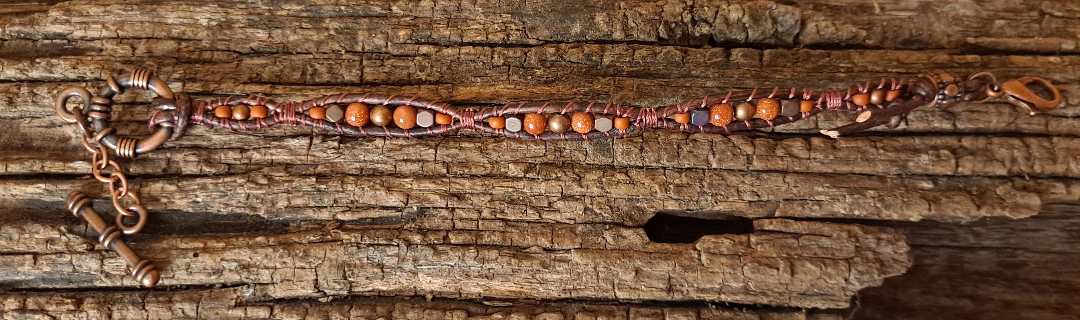 Bracelet Handmade, Single Wrap Leather Bracelet, Goldstone Beads (J14)