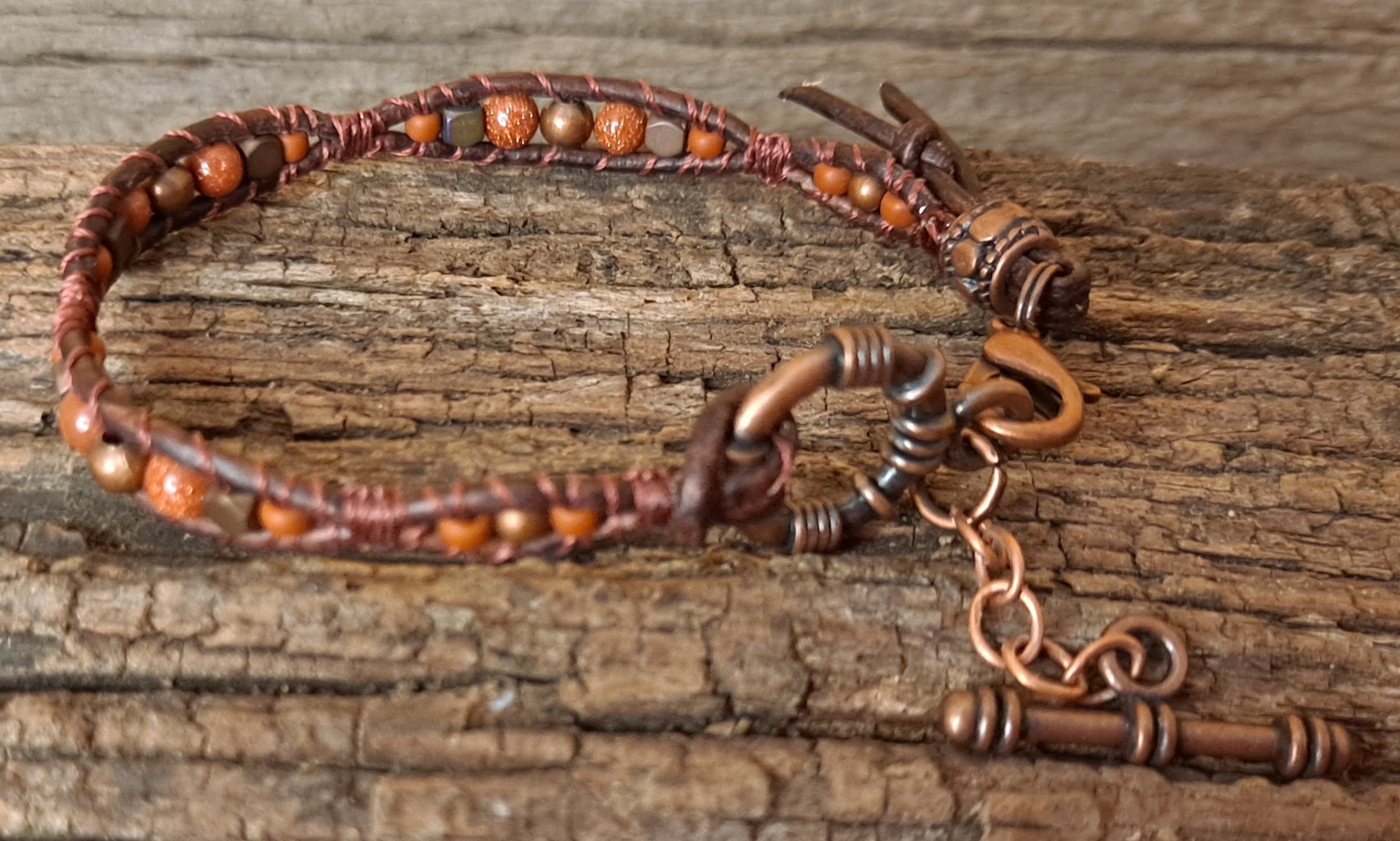 Bracelet Handmade, Single Wrap Leather Bracelet, Goldstone Beads (J14)