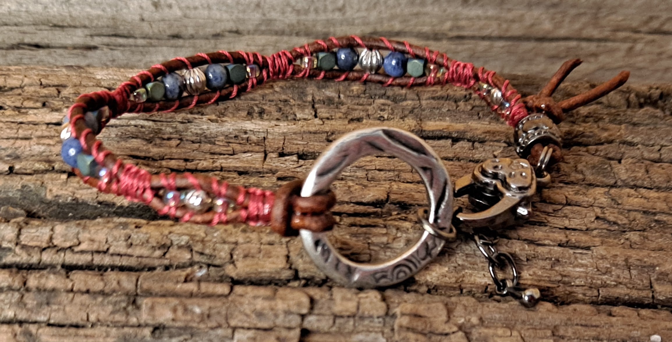 Bracelet Handmade, Single Wrap Leather Bracelet, Dumortierite Beads (J27)