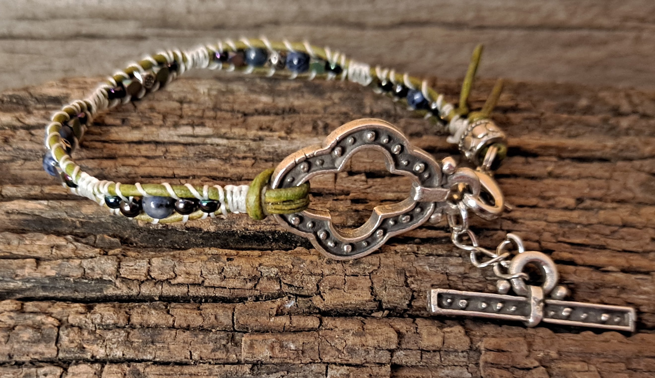 Bracelet Handmade, Single Wrap Leather Bracelet, Dumortierite Beads (J29)
