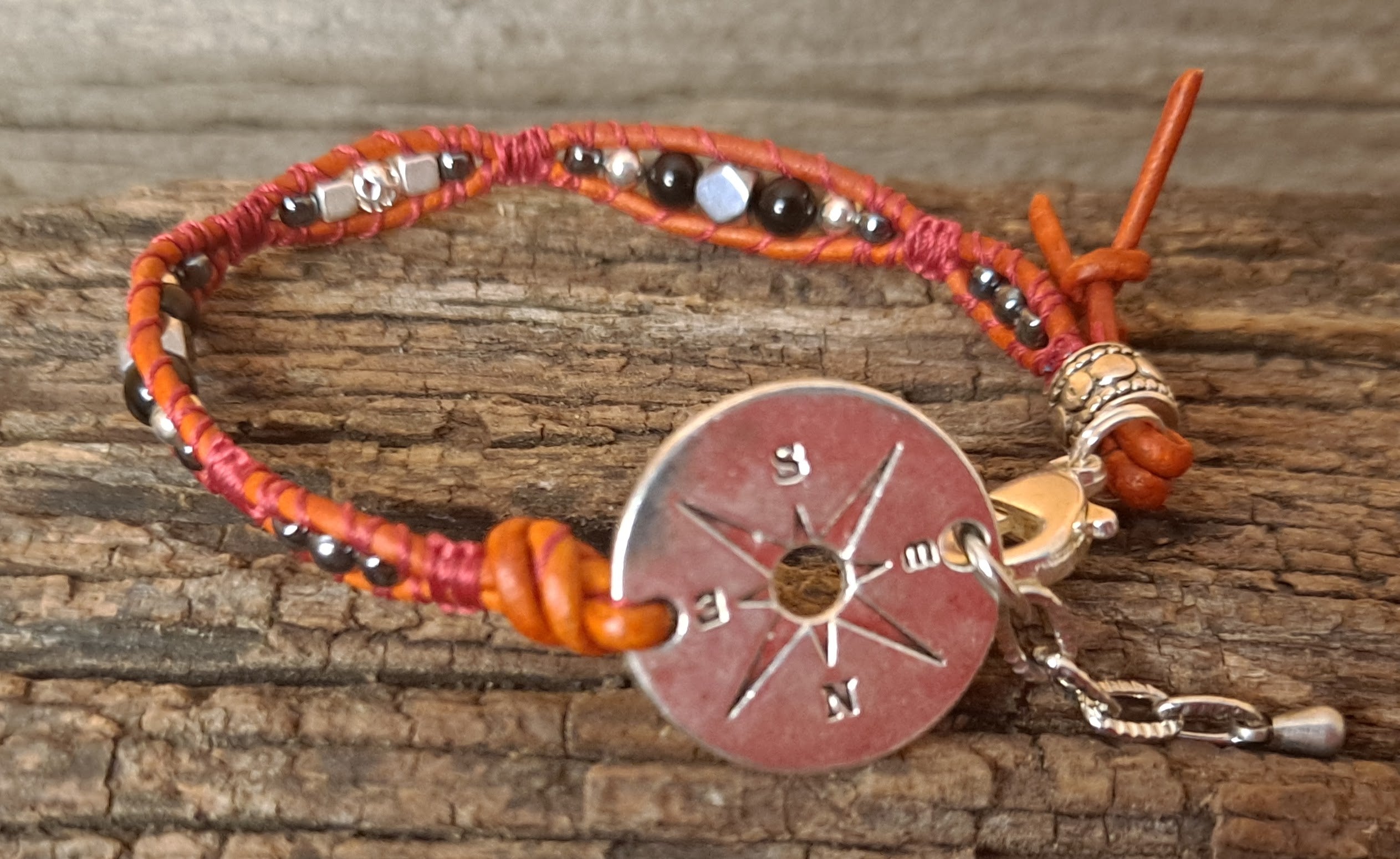 Bracelet Handmade, Single Wrap Leather Bracelet, Glass Beads (E36)