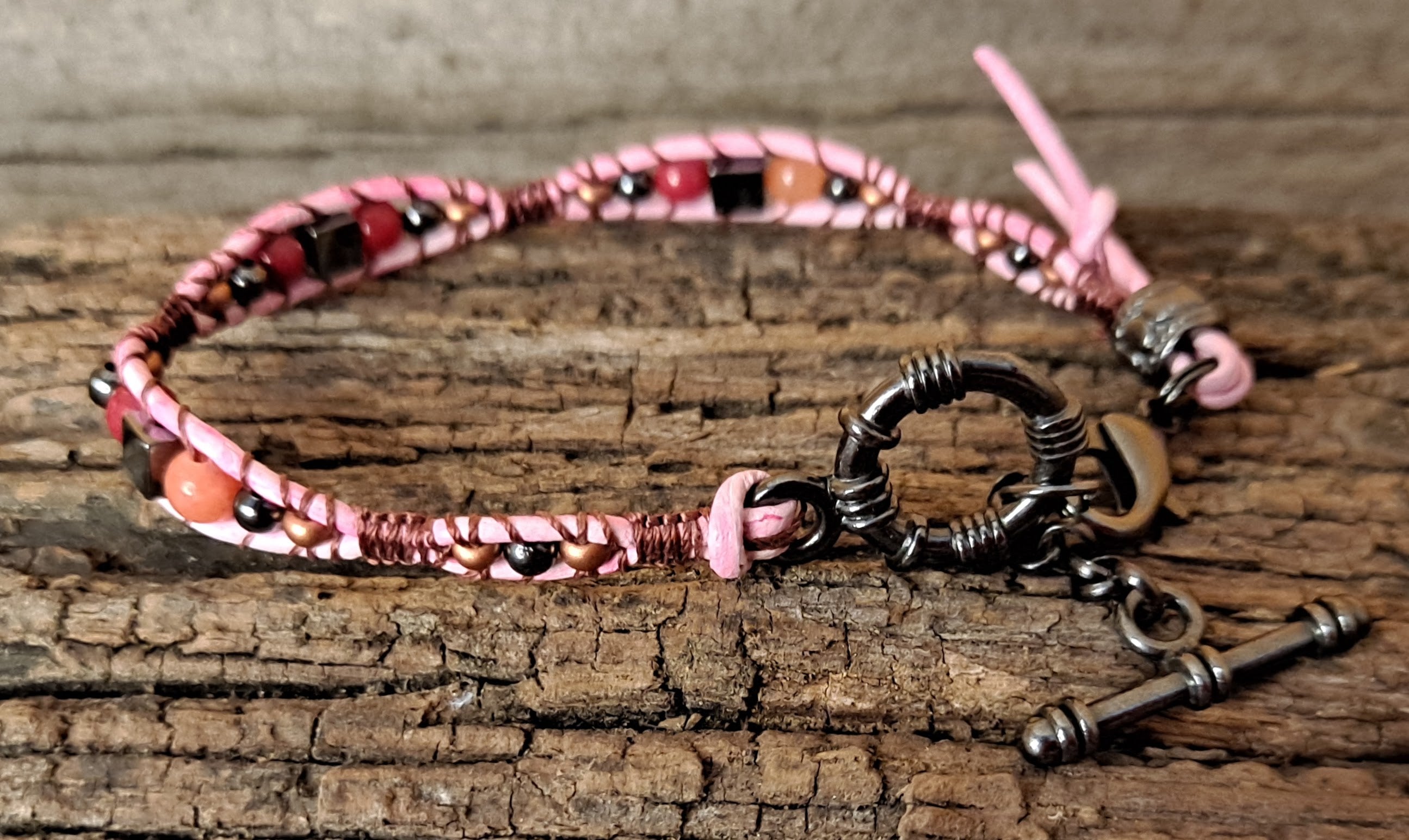 Bracelet Handmade, Single Wrap Leather Bracelet, Quartzite Beads (J66)