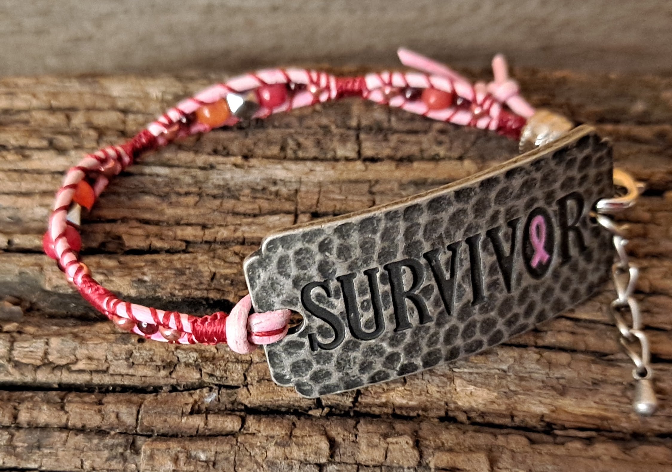 Bracelet Handmade, Single Wrap Leather Bracelet Band "Survivor", Quartzite Beads (J93)